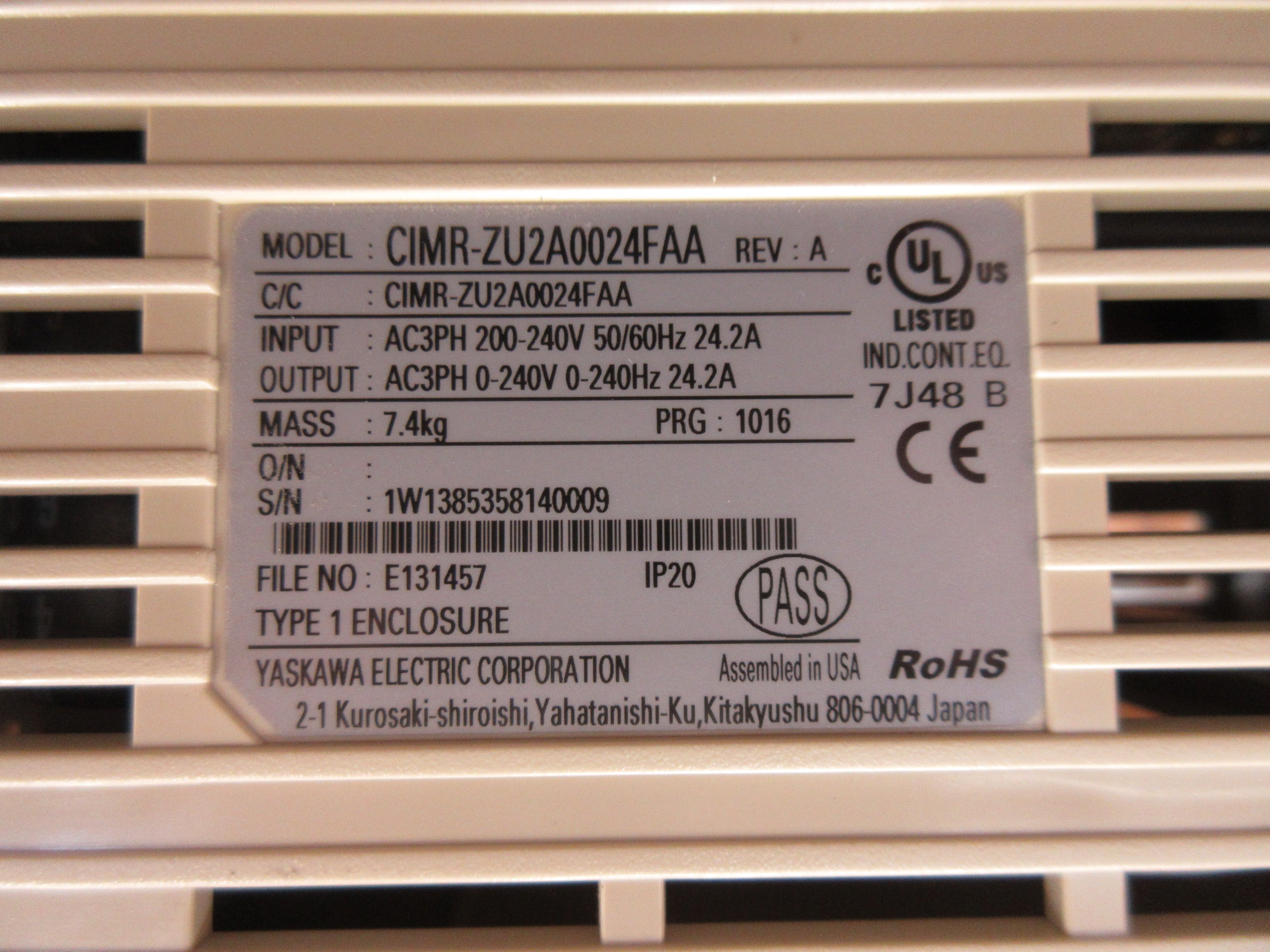 Yaskawa Z1000 AC Drive CIMR-ZU2A0024FAA 7.5HP 3Ph *No Keypad* Used