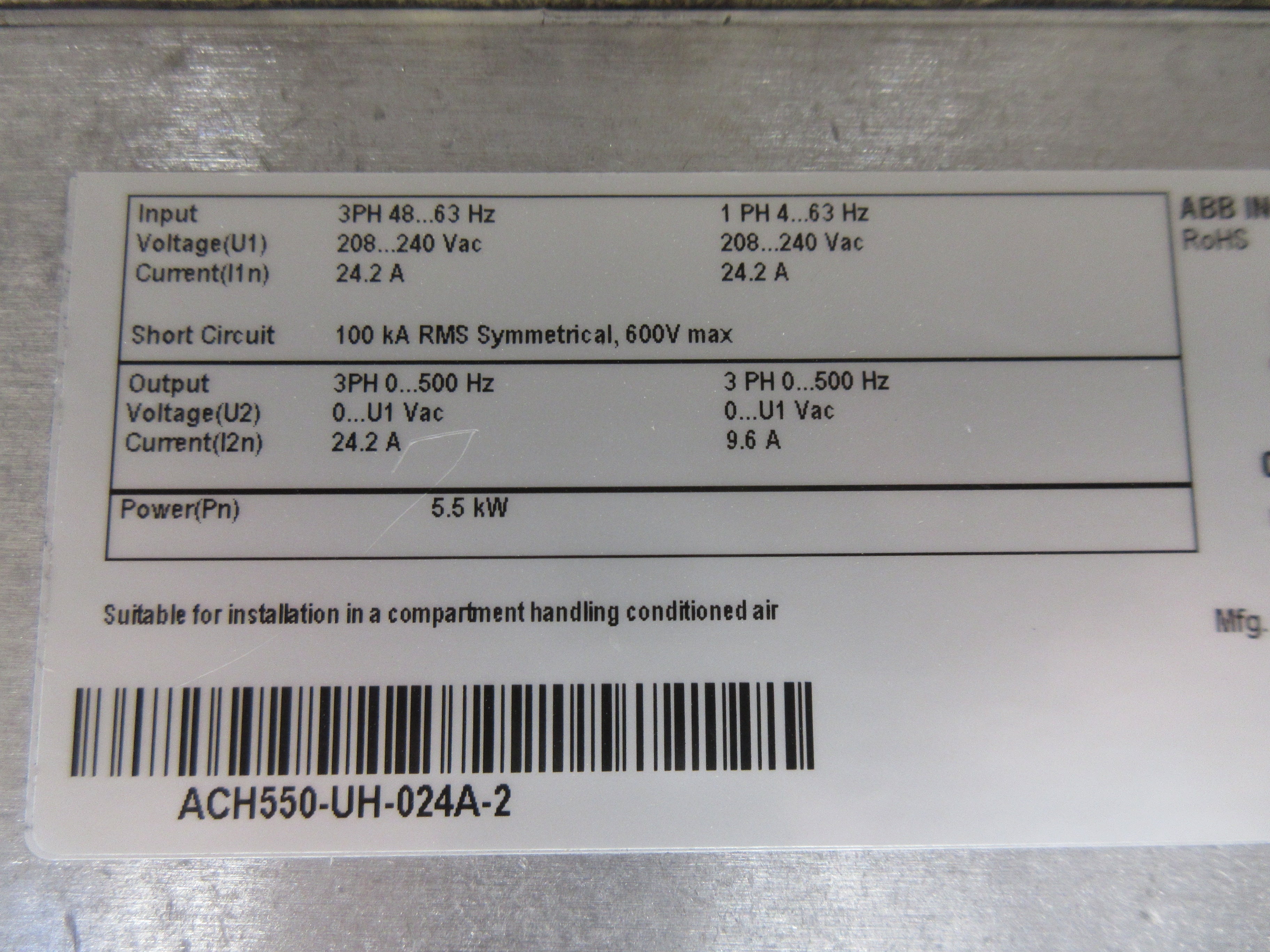 ABB ACH550 AC Drive ACH550-UH-024A-2 7.5HP w/ Keypad Used