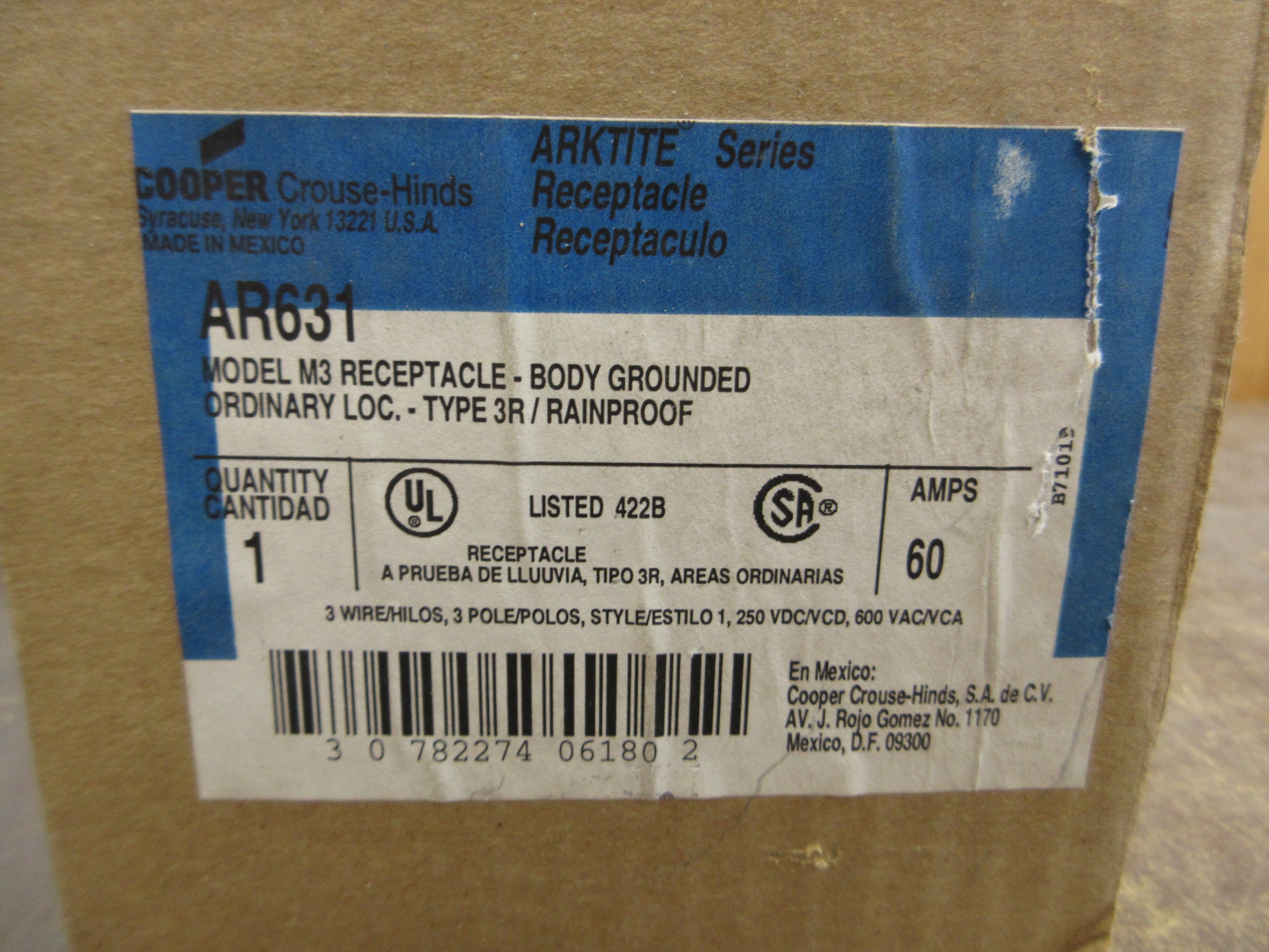 Cooper Crouse-Hinds Arktite Receptacle AR631 60A 600V 3W 3P Type 3R New Surplus
