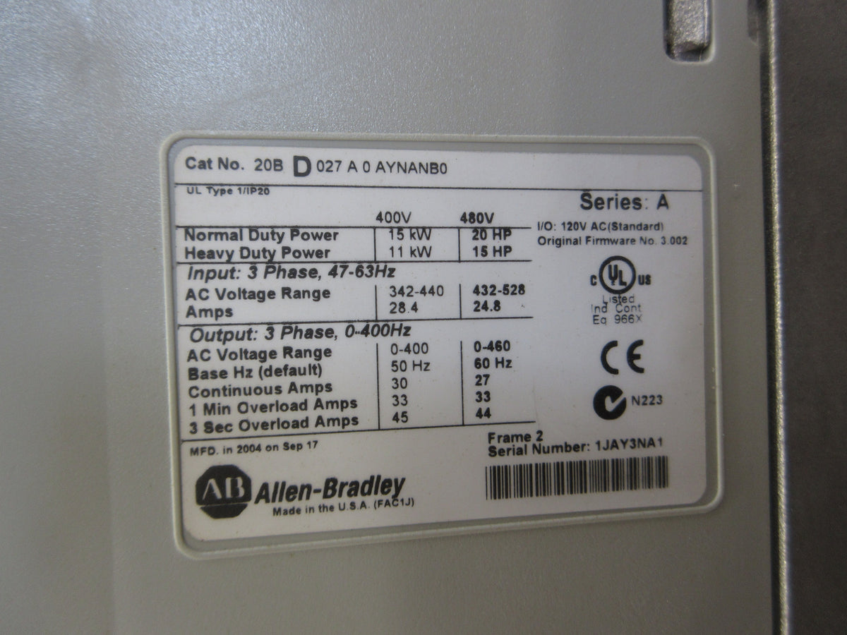 Allen-Bradley PowerFlex 700 AC Drive 20BD027A0AYNANB0 20HP 3Ph w/ Keypad Used