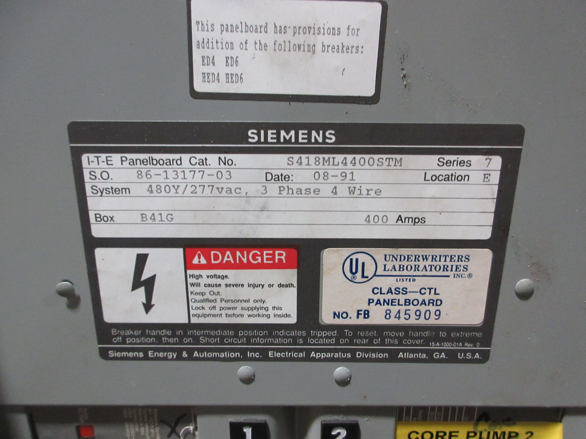 Siemens Main Breaker Circuit Breaker Panel S418ML4400STM 400A Max 480Y/277VAC
