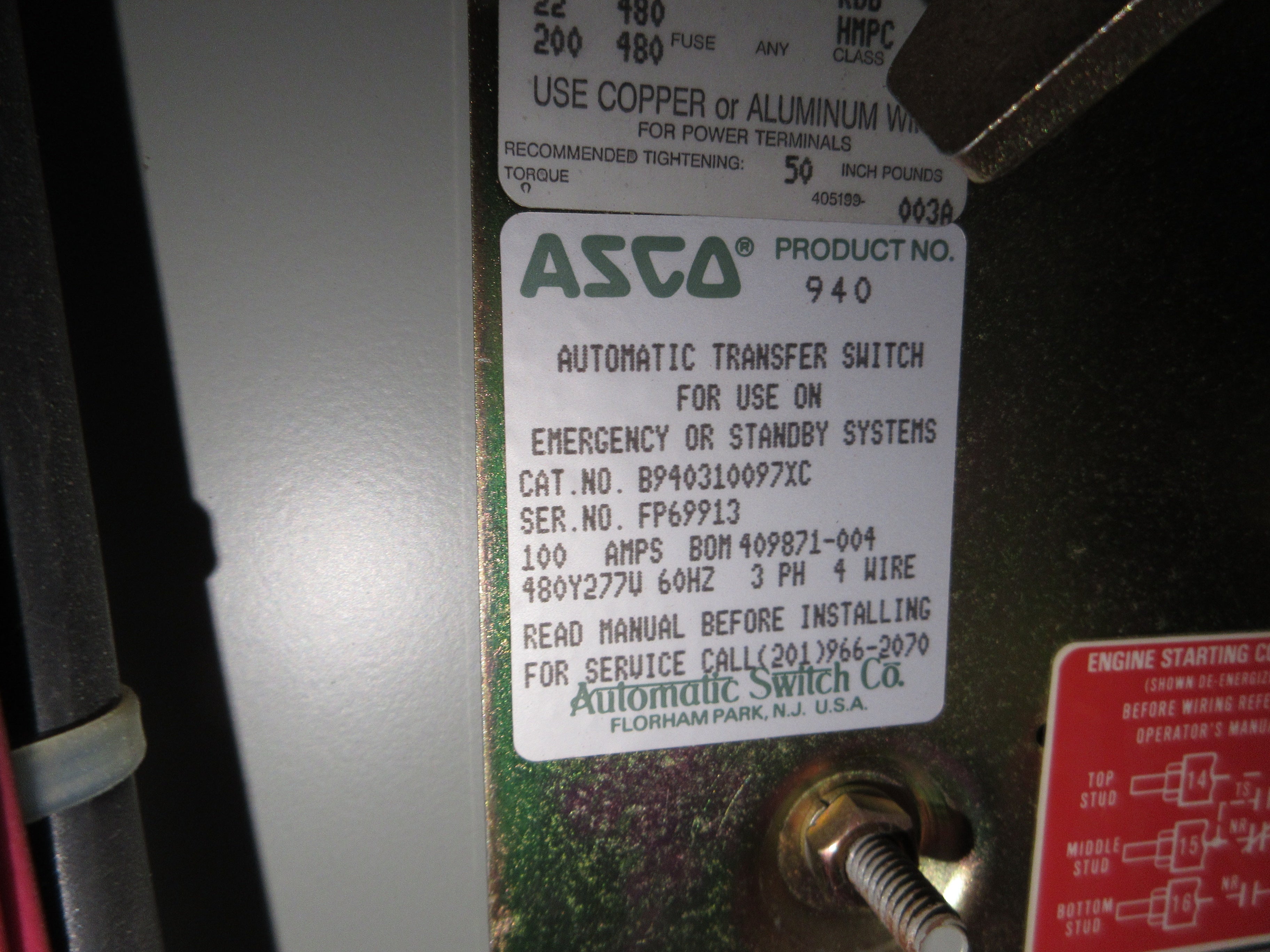 Asco Series 940 Automatic Transfer Switch B940310097XC 100A 480Y/277V 60Hz 4W
