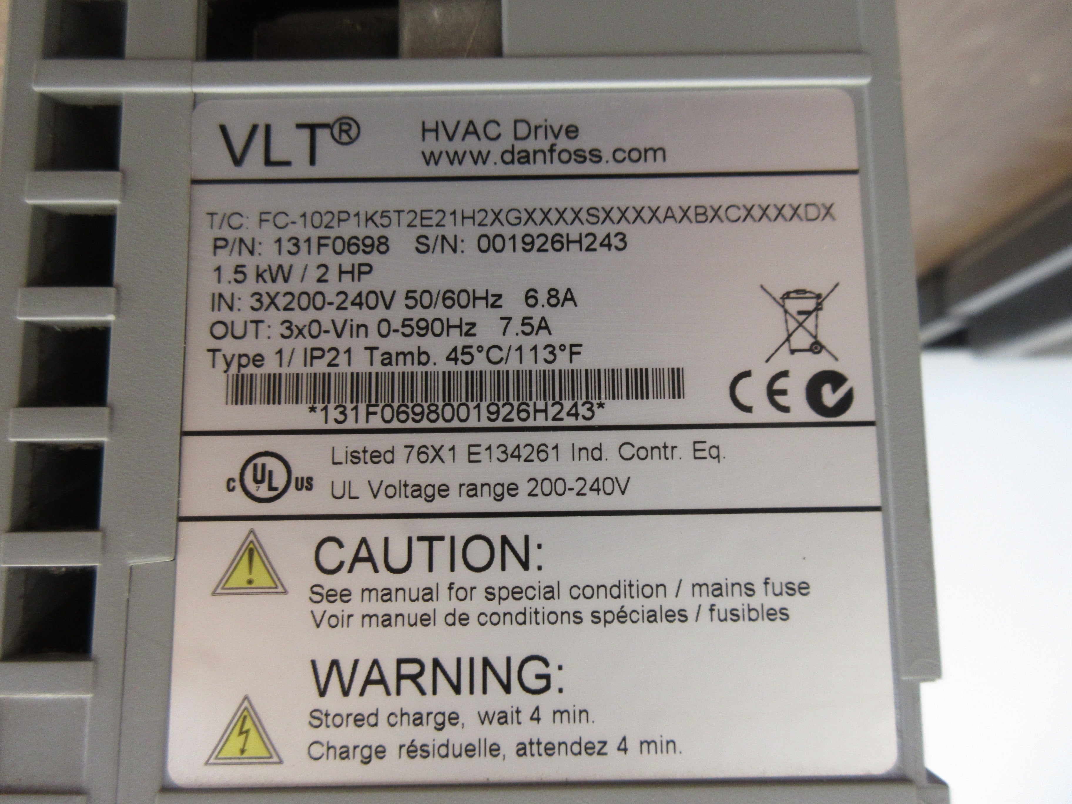 Danfoss VLT AC Drive 131F0698 2HP 3Ph w/ Keypad Used