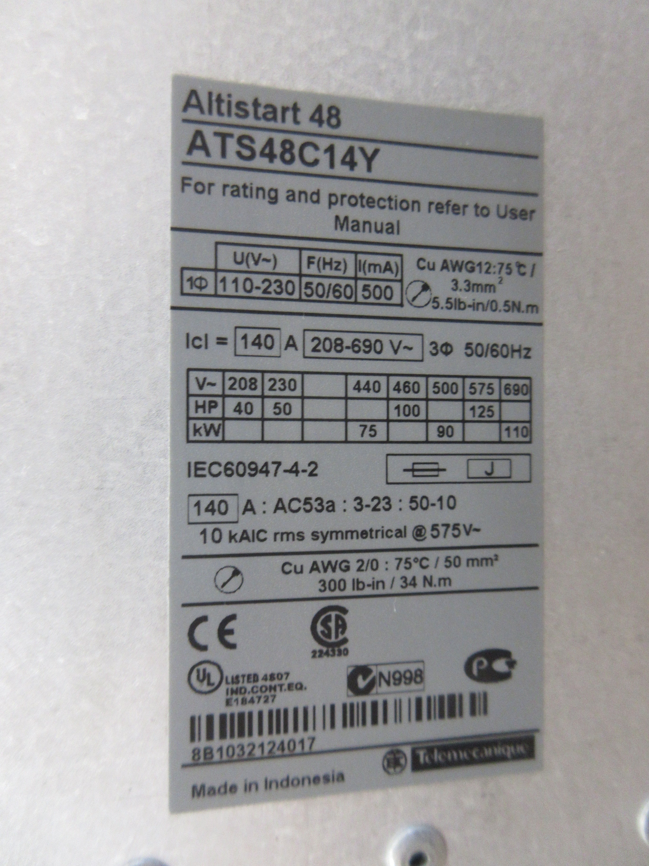 Schneider Electric Altistart 48 Soft Start ATS48C14Y 125HP 208-690V 3Ph 50/60Hz
