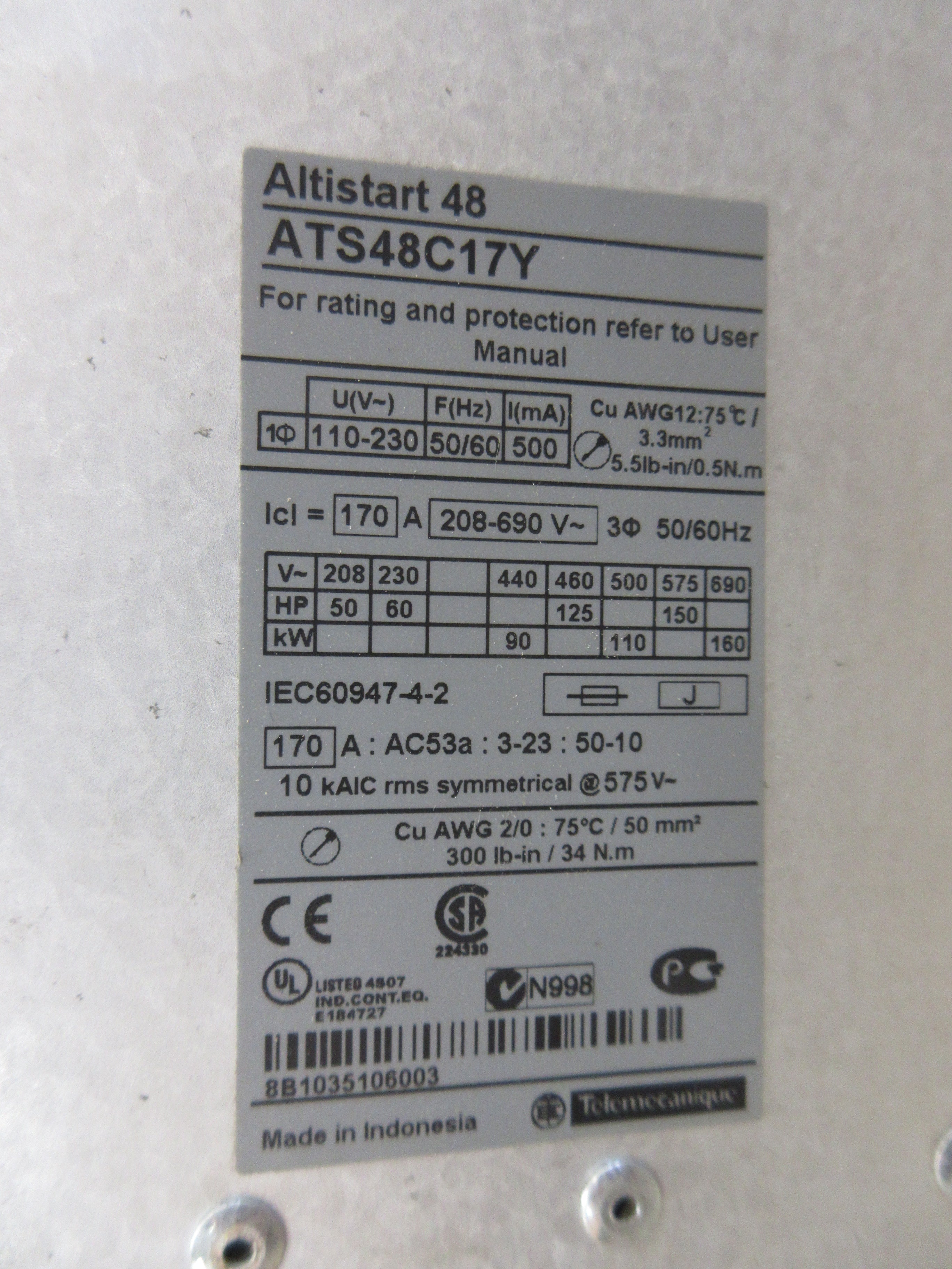 Schneider Electric Altistart 48 Soft Start ATS48C17Y 150HP 208-690V 3Ph 50/60Hz