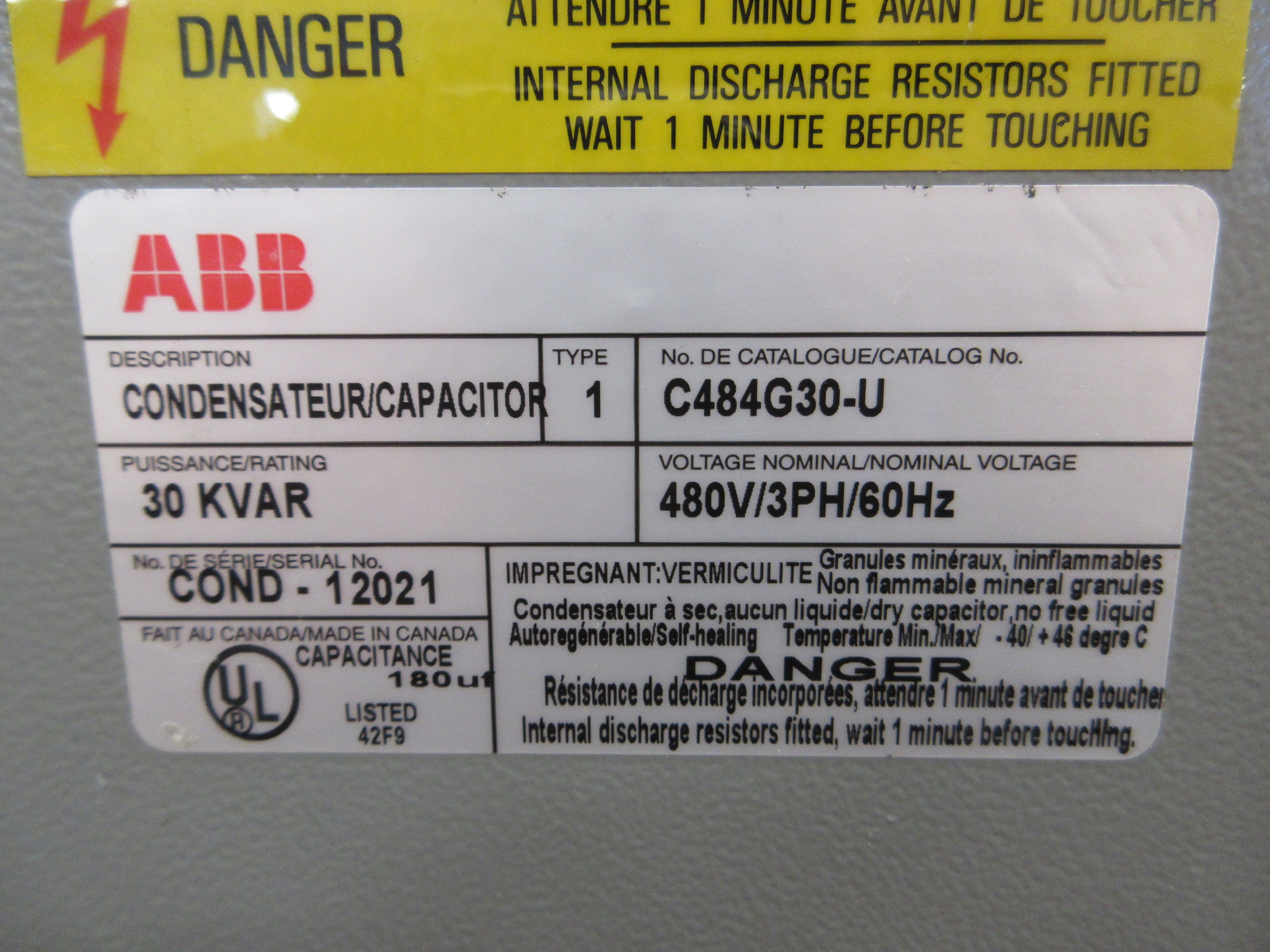 ABB Capacitor C484G30-U 30kVAR 480V 3Ph 60Hz Used