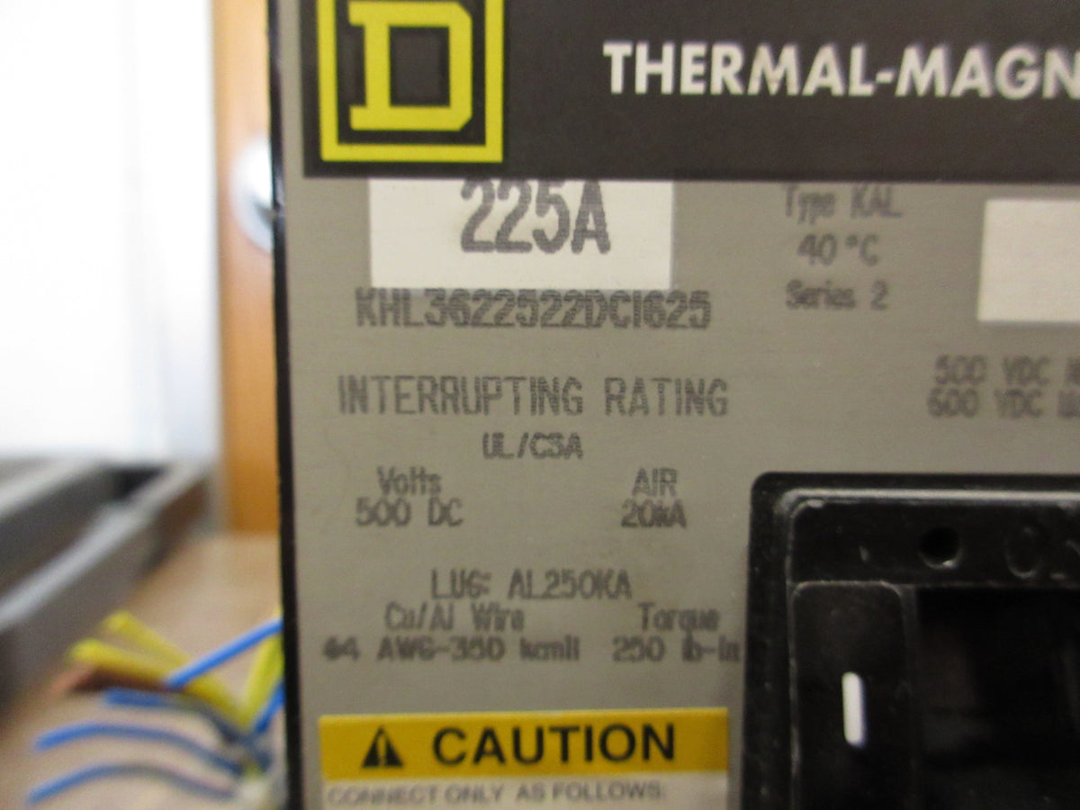Square D DC Circuit Breaker KHL3622522DC1625 225A 500VDC Used