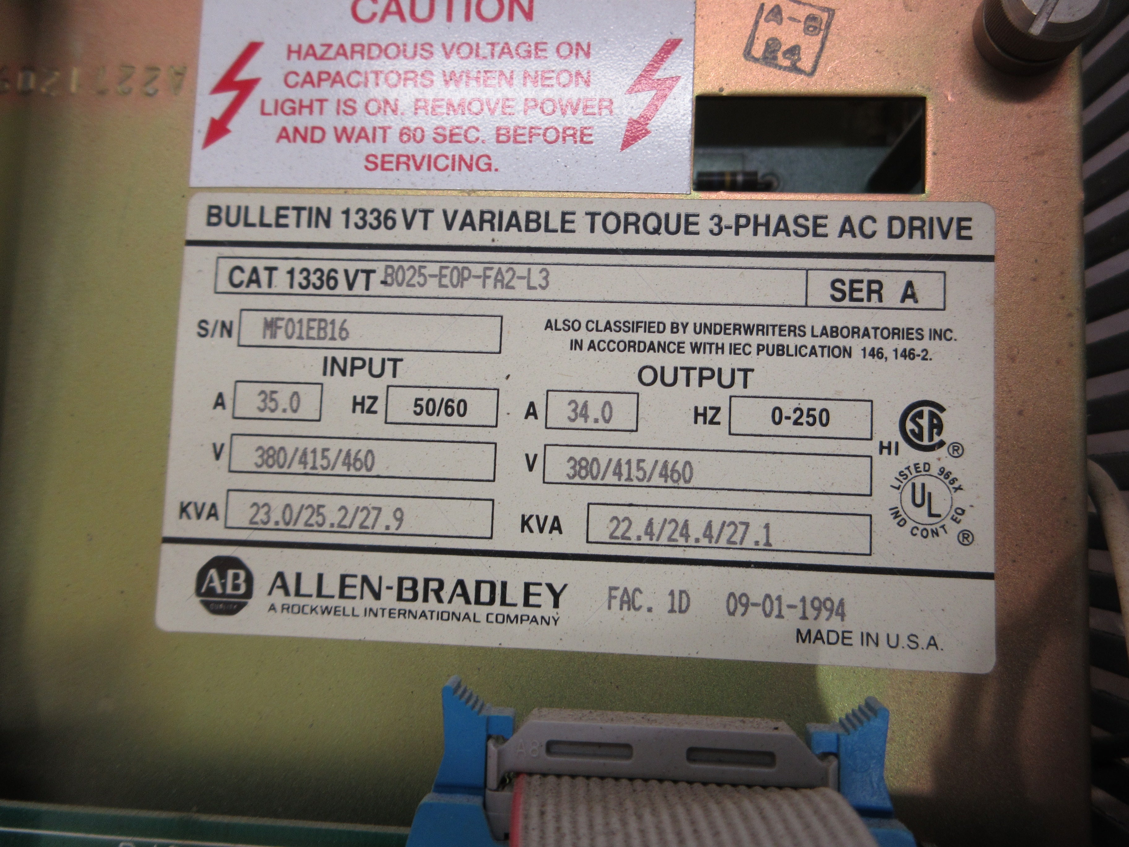 Allen-Bradley 1336VT AC Drive 1336VT-B025-E0P-FA2-L3 Ser. A 25HP Used