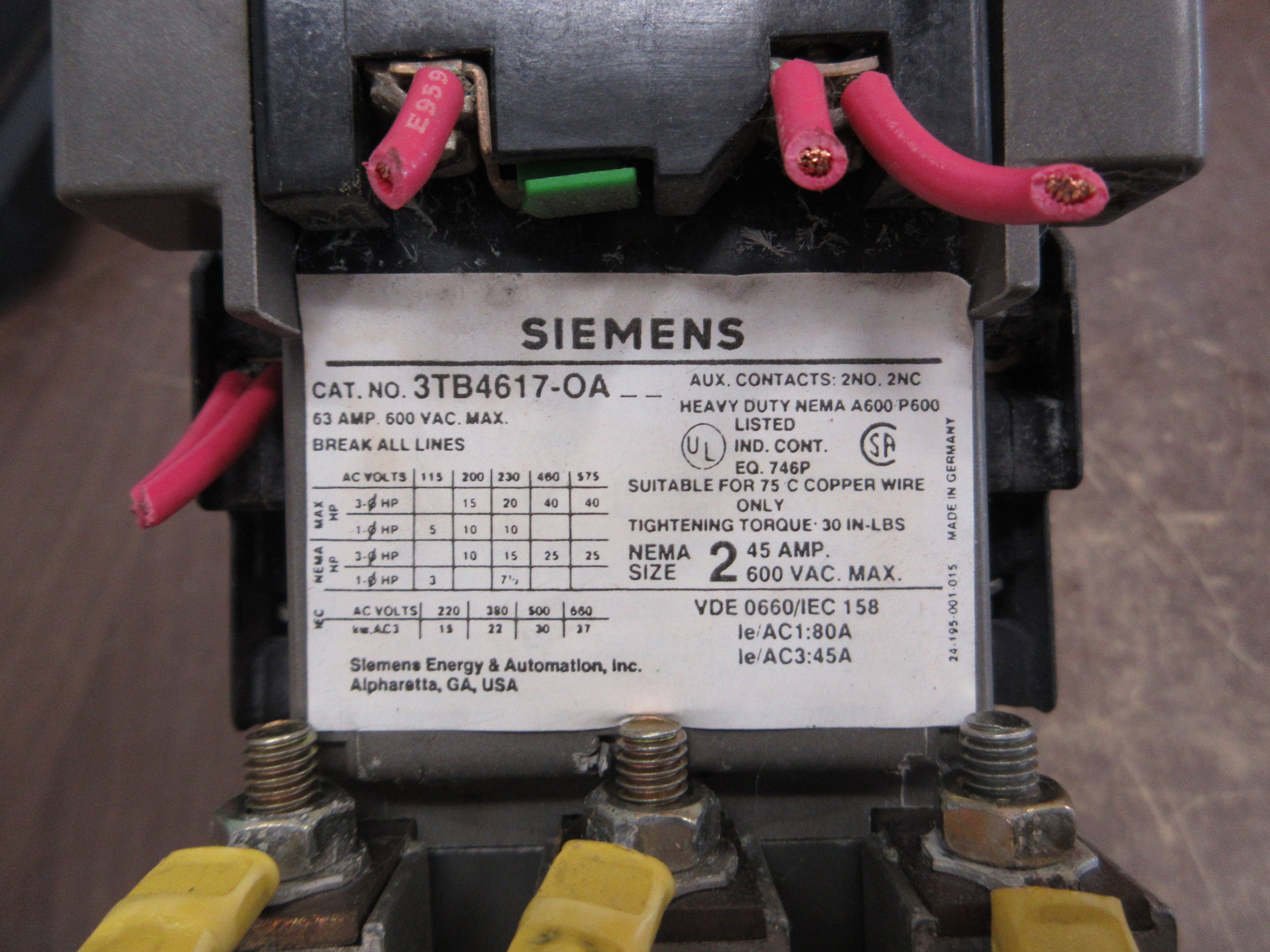 Siemens Size 2 Starter 3TB4617-OA / 3UA58 00-2D 120V Coil Trip: 20-32A 600V Used