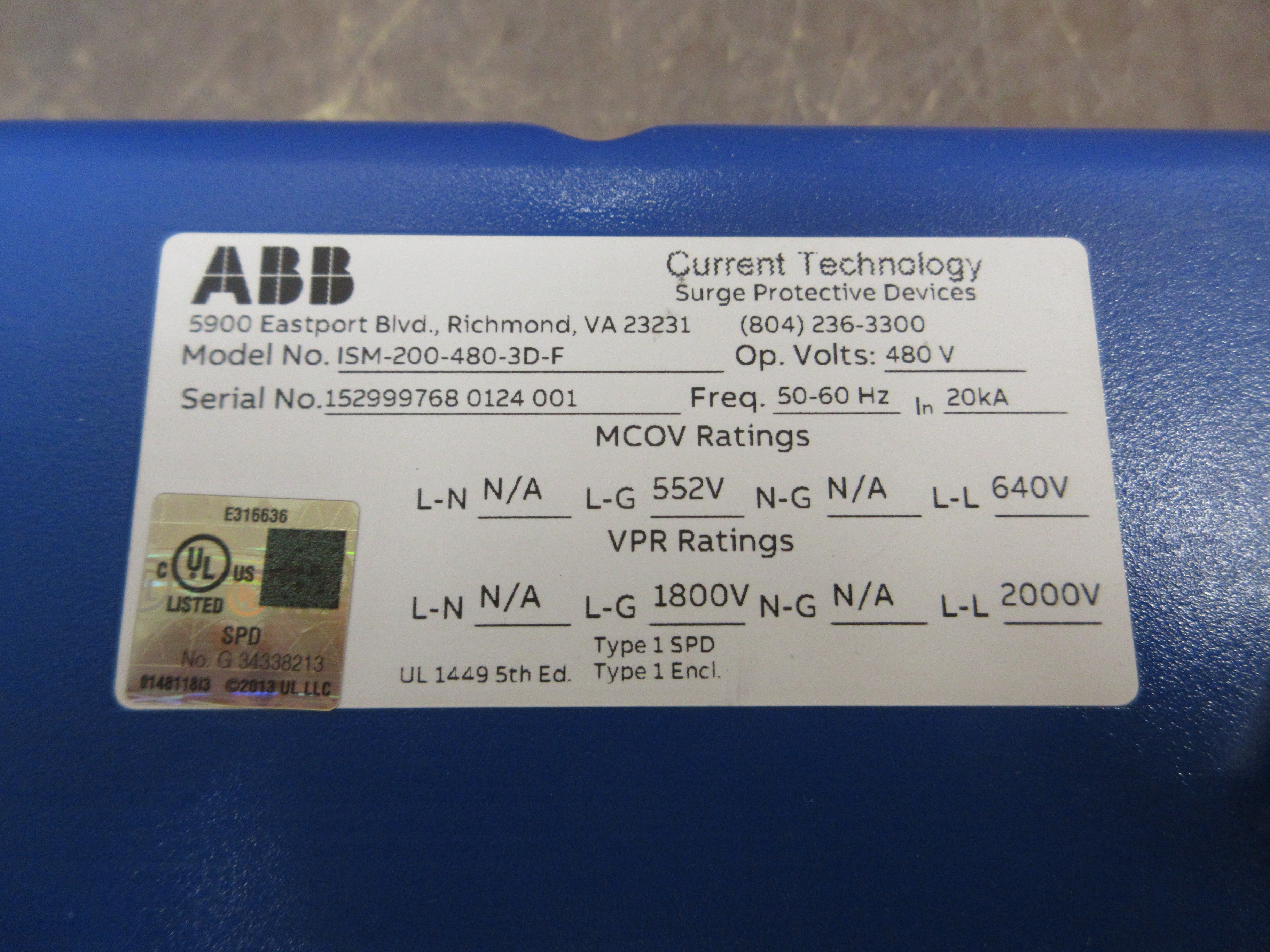 ABB Current Technology Surge Protection Unit ISM-200-480-3D-F 480V 50-60Hz Used