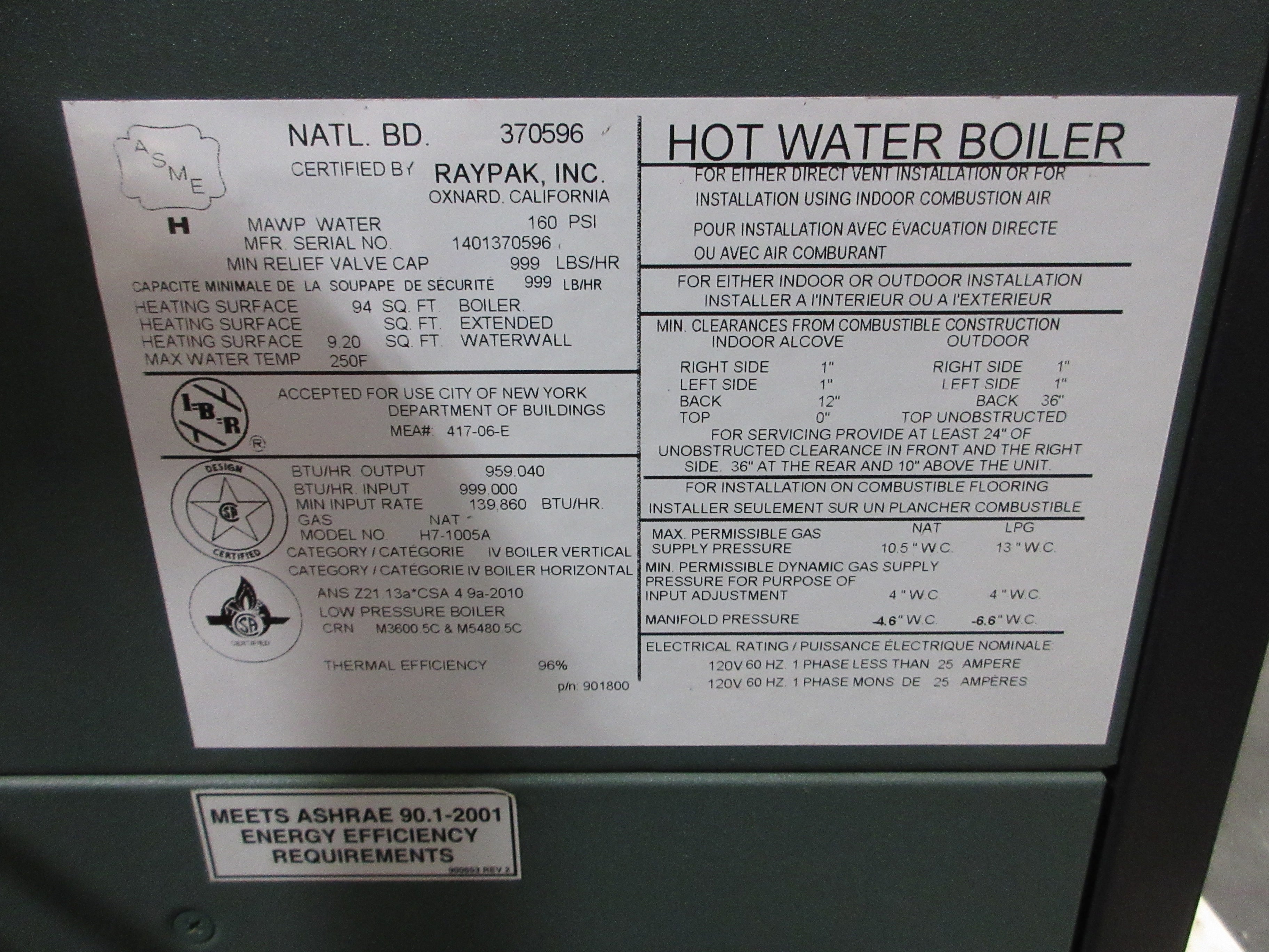 Rheem Raypak Xtherm Condensing Boiler H7-1005A Natural Gas 120V 60Hz 1Ph Used