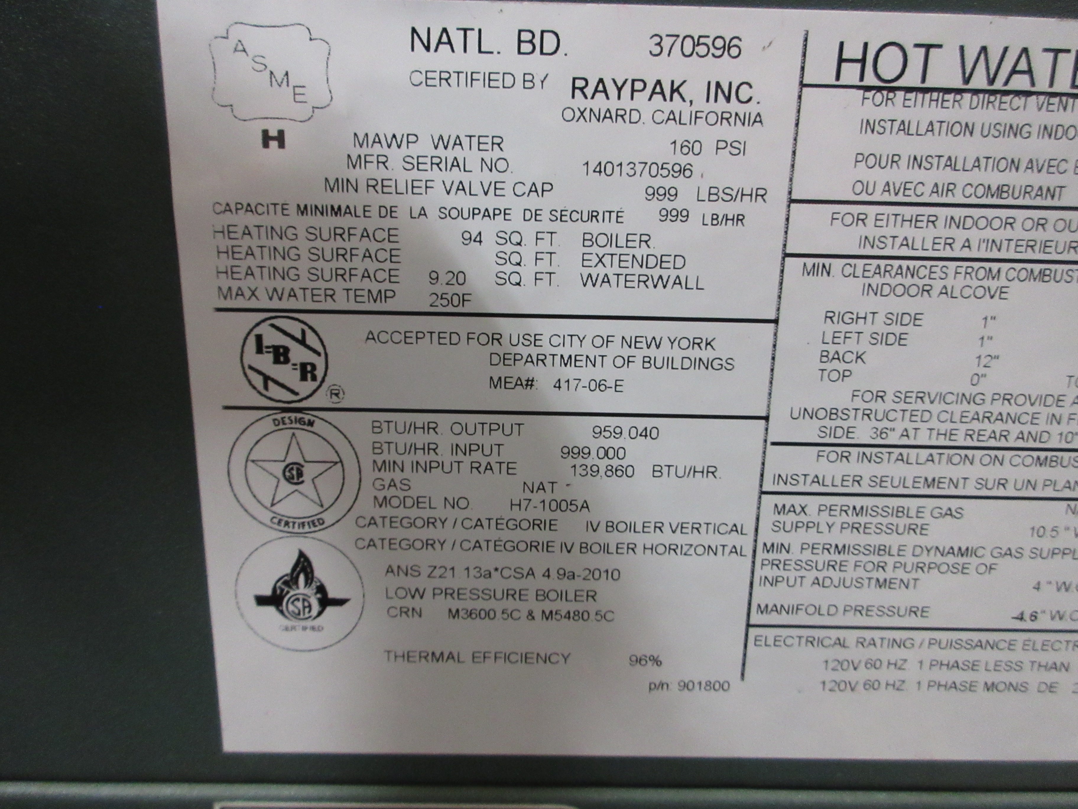 Rheem Raypak Xtherm Condensing Boiler H7-1005A Natural Gas 120V 60Hz 1Ph Used