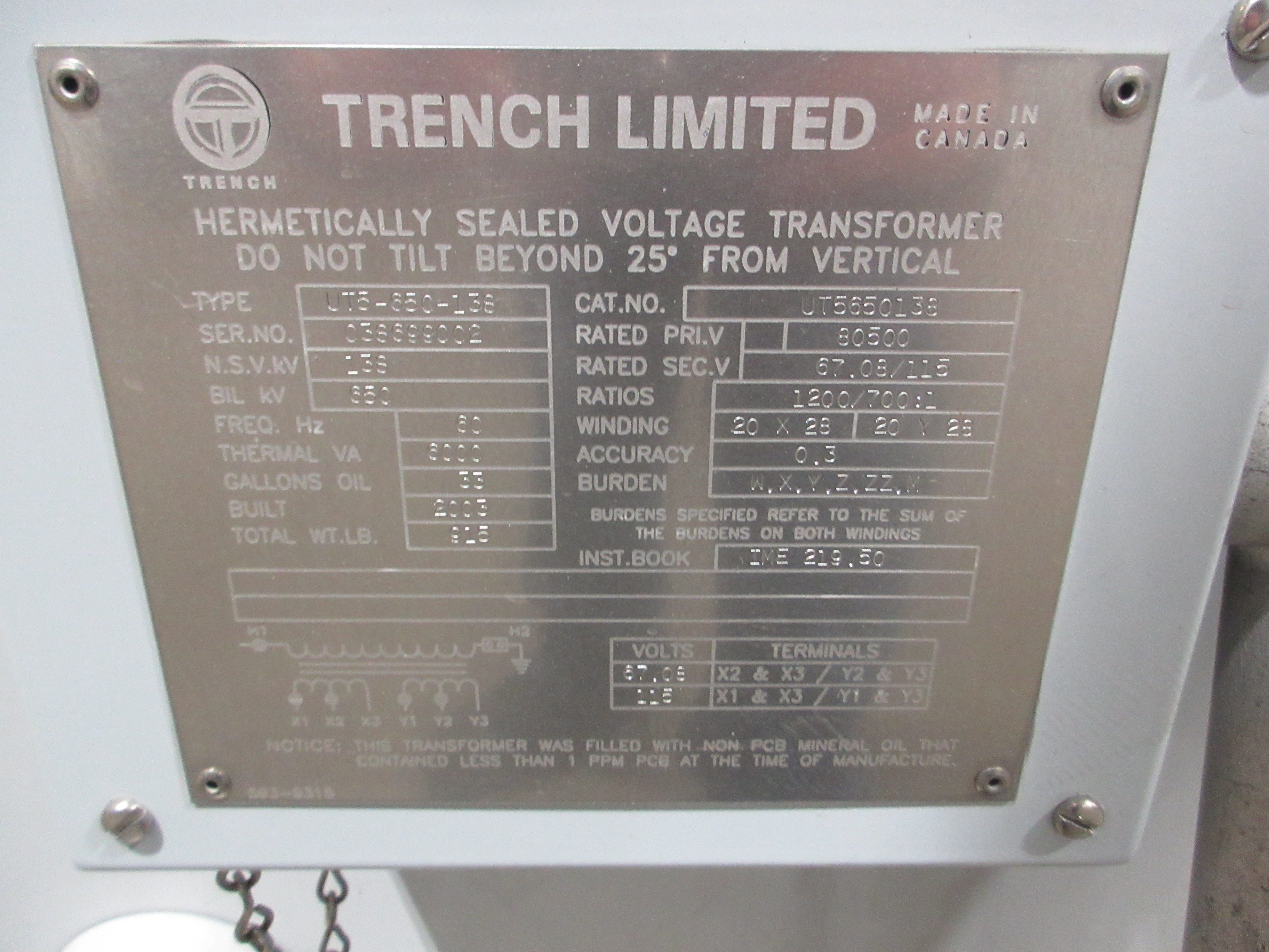 Trench Limited Hermetically Sealed Voltage Transformer UT5650138