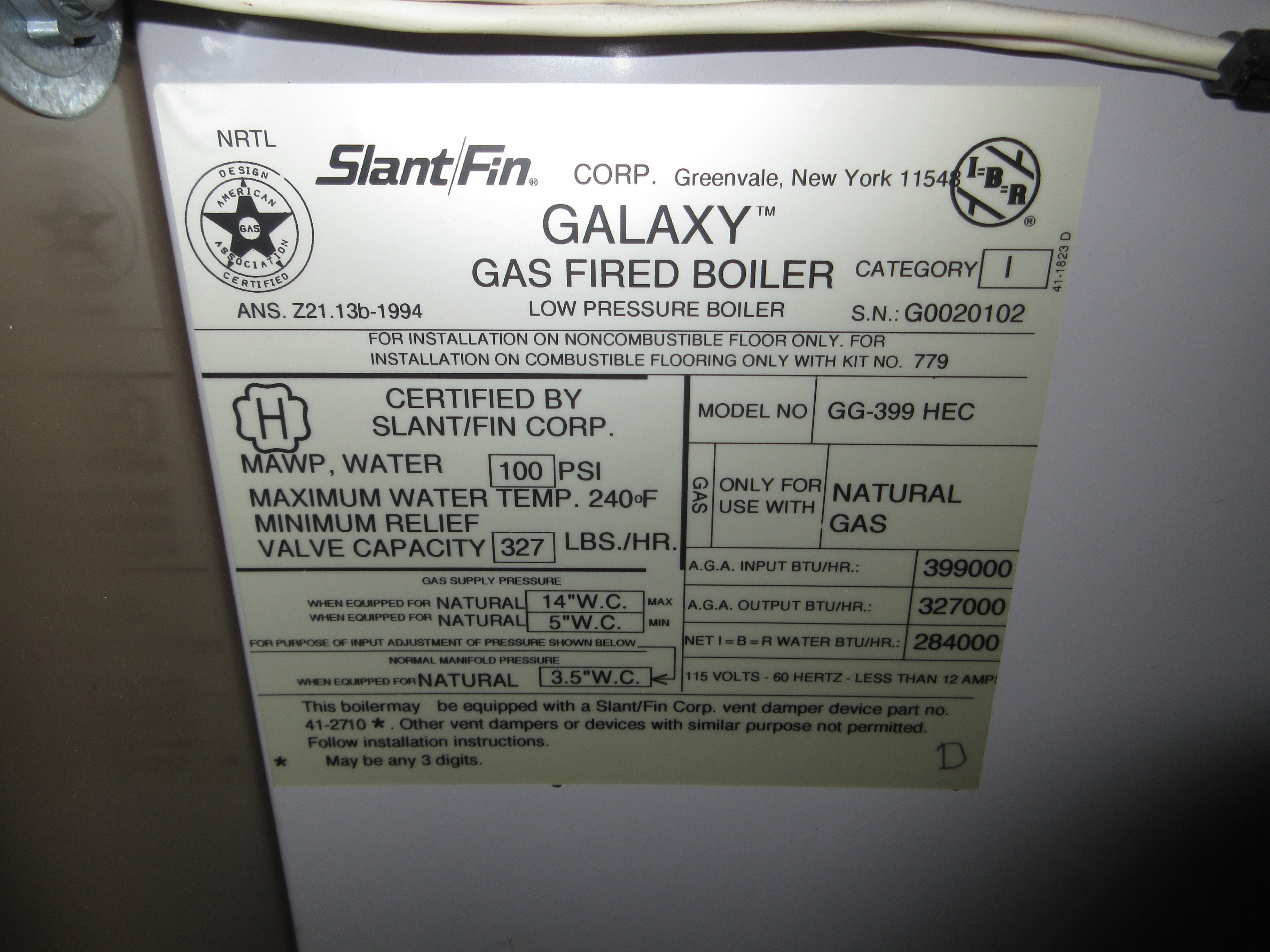 Slant/Fin Caravan Boiler GG-139 HEC 399,000 BTU Input Used