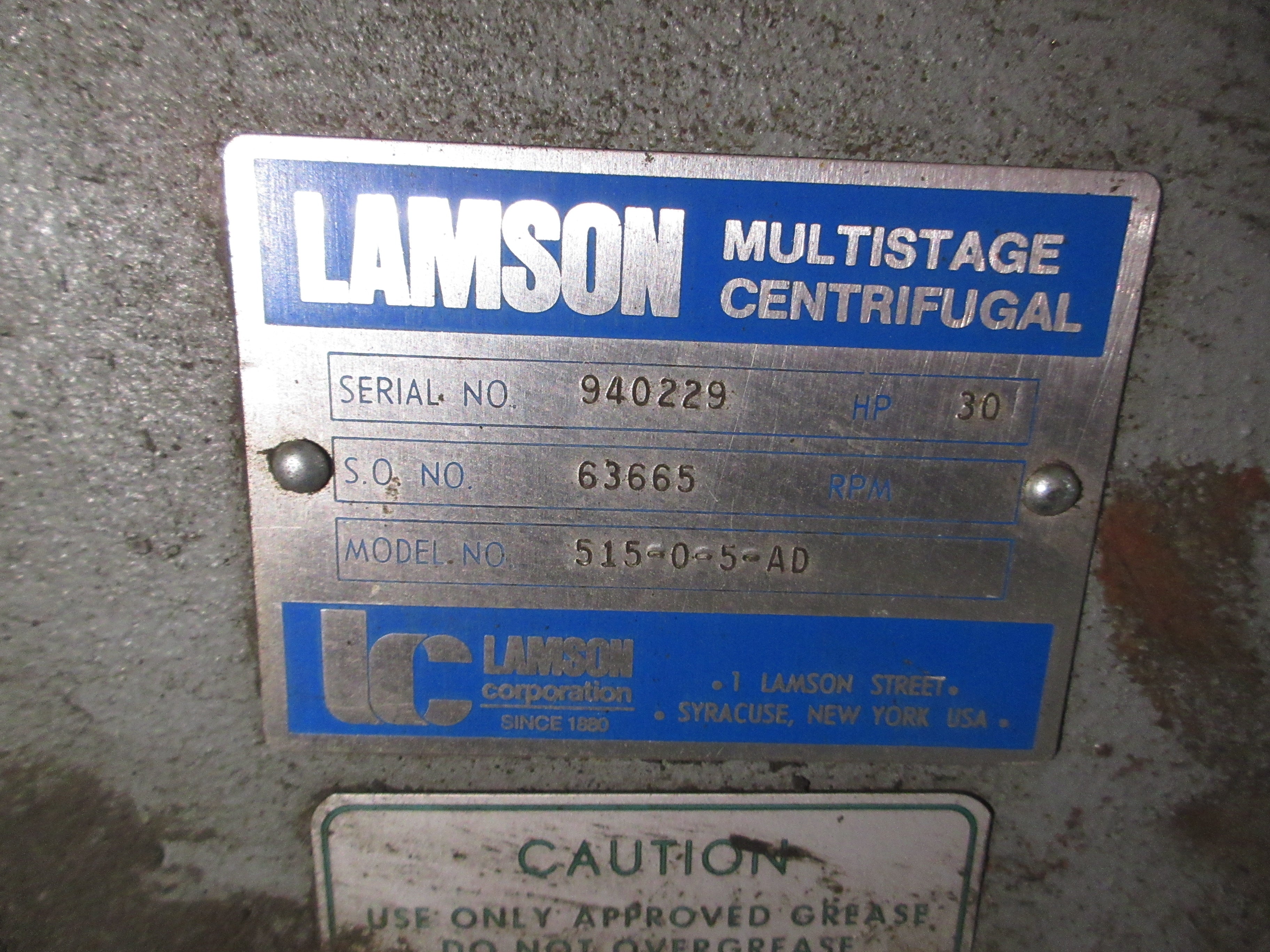 Lamson Multistage Centrifugal Blower 515-0-5-AD 40HP 230/460V 3Ph 60Hz Used