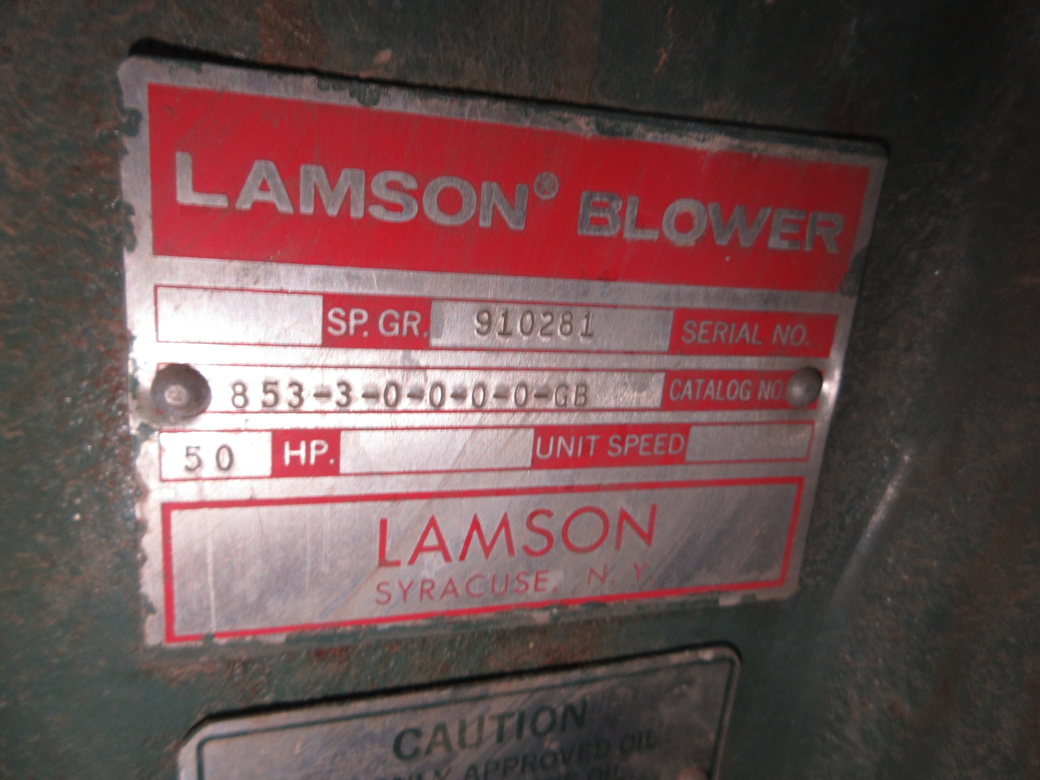 Lamson Blower 853-3-0-0-0-0-GB 50HP 230/460V 3Ph 60Hz Used