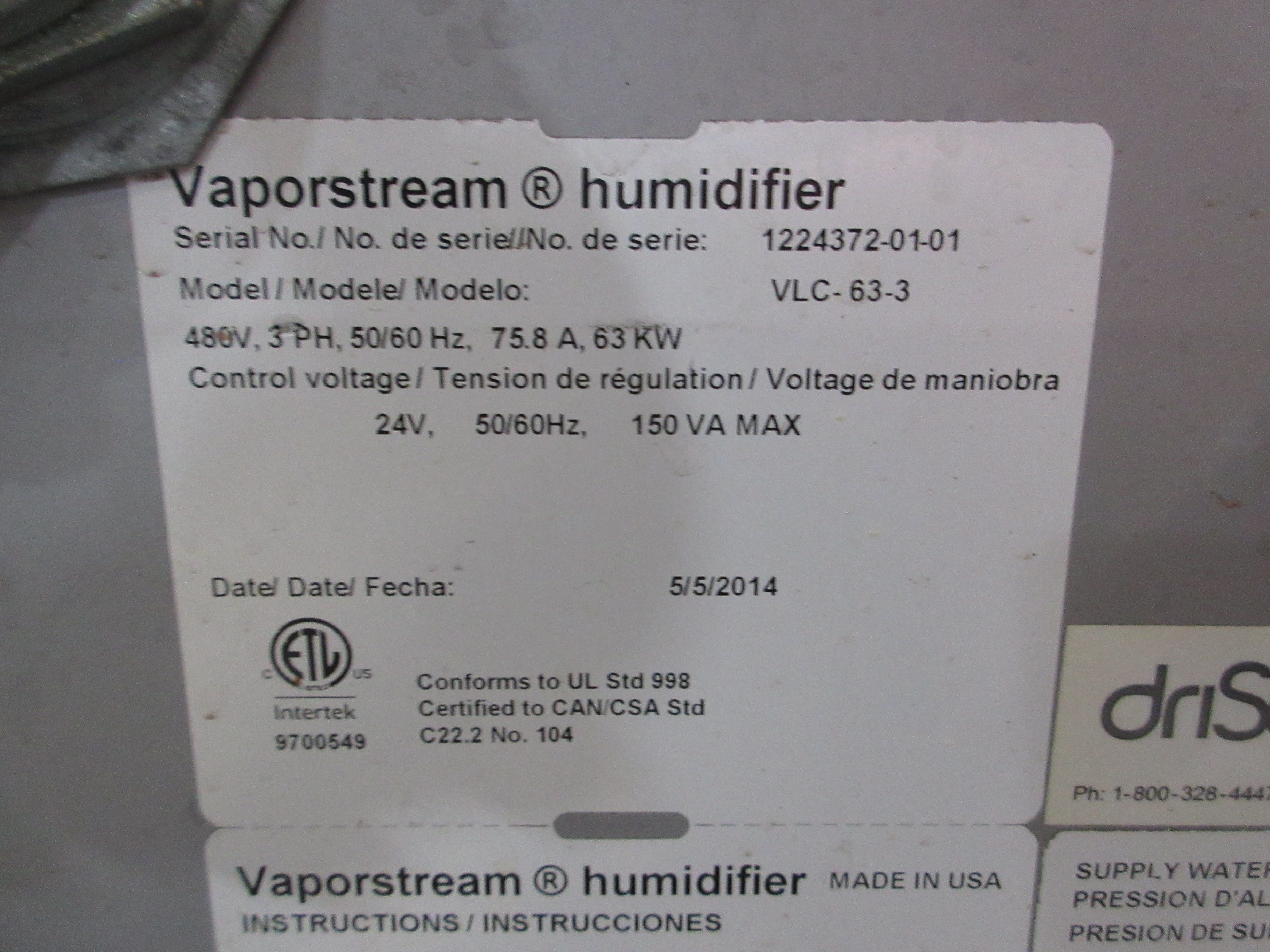 Dristeem Vaporstream Humidifier VLC-63-3 480V 3Ph 50/60Hz 75.8A 63kW Used