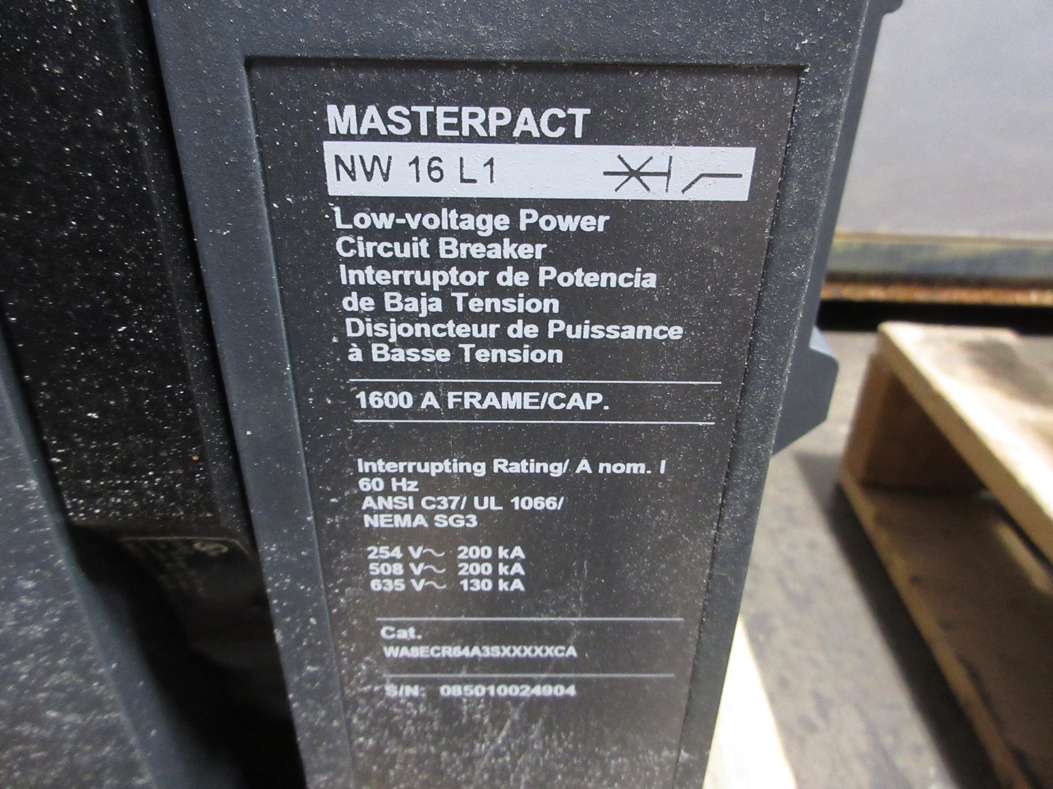 Square D Masterpact NW 16 L1 Circuit Breaker WA8EER64A3SXXXXXCA 1600A Used