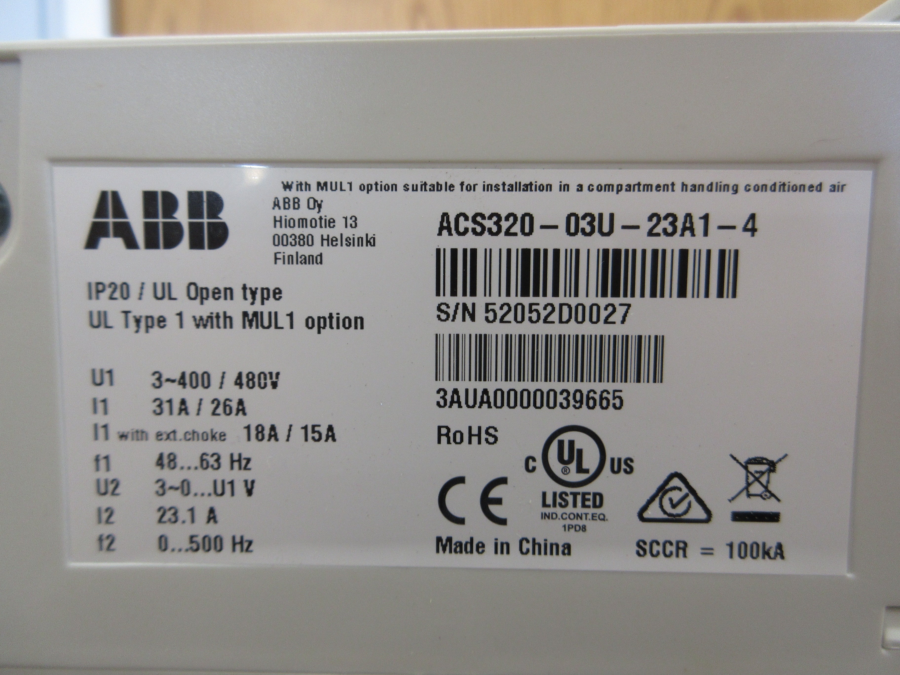 ABB ACS320 AC Drive ACS320-03U-23A1-4 15HP 3Ph w/ Keypad Used