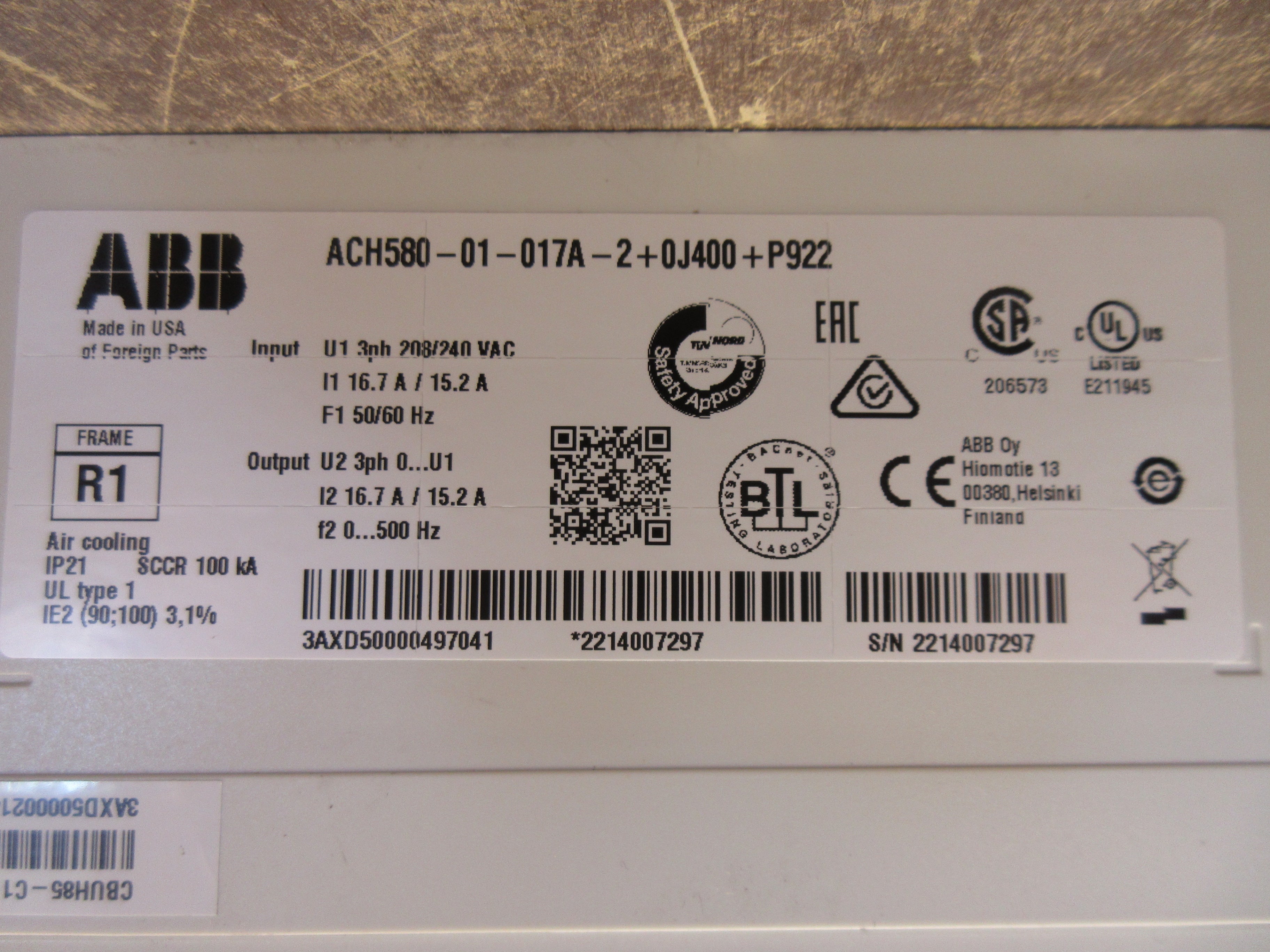 ABB ACH580 AC Drive ACH580-01-017A-2+0J400+P922 5HP 3Ph w/ Disconnect w/ Keypad