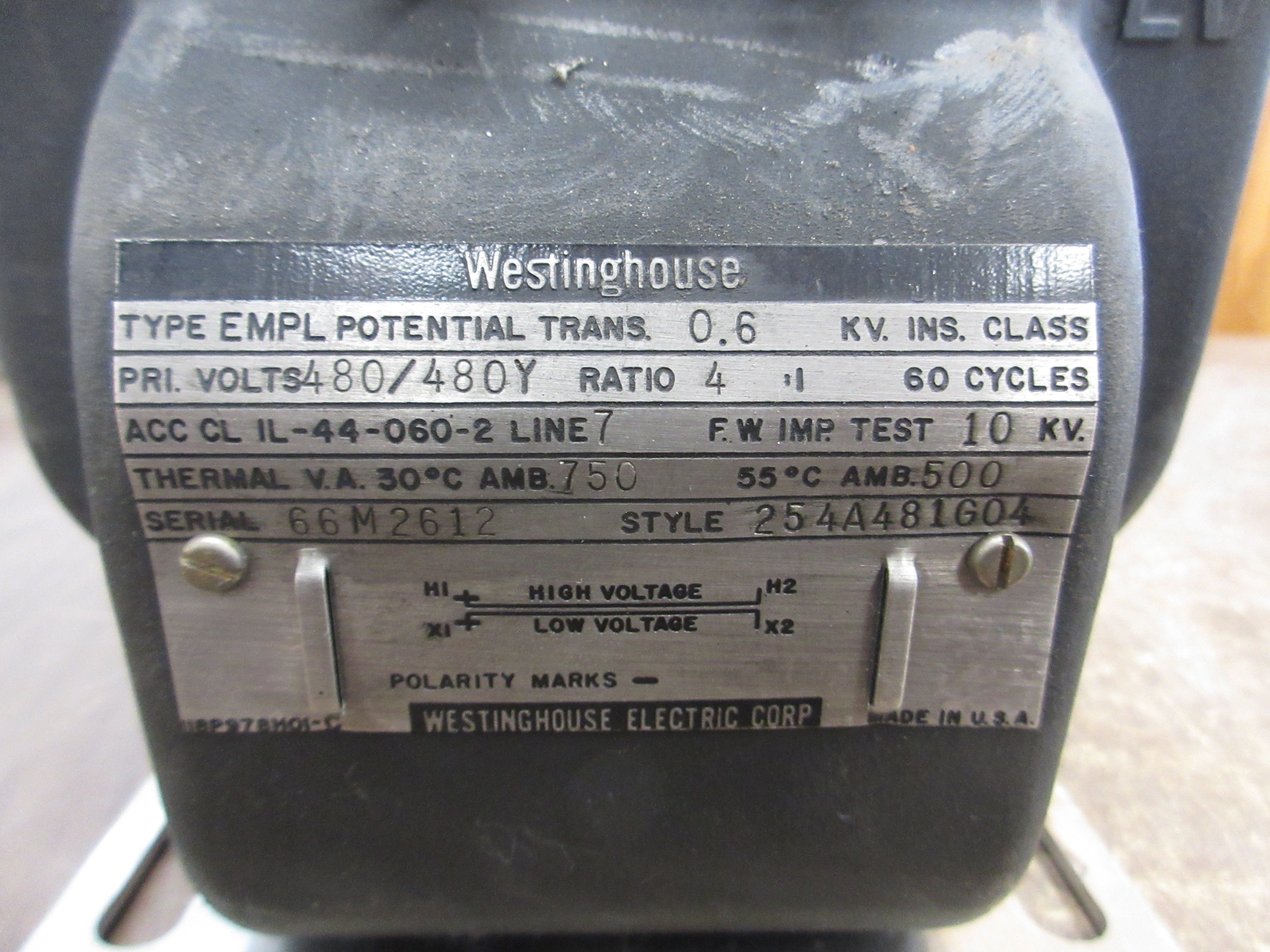Westinghouse Type empl Potential Transformer 254A481G04 Pri: 480Y/480V Ratio 4:1