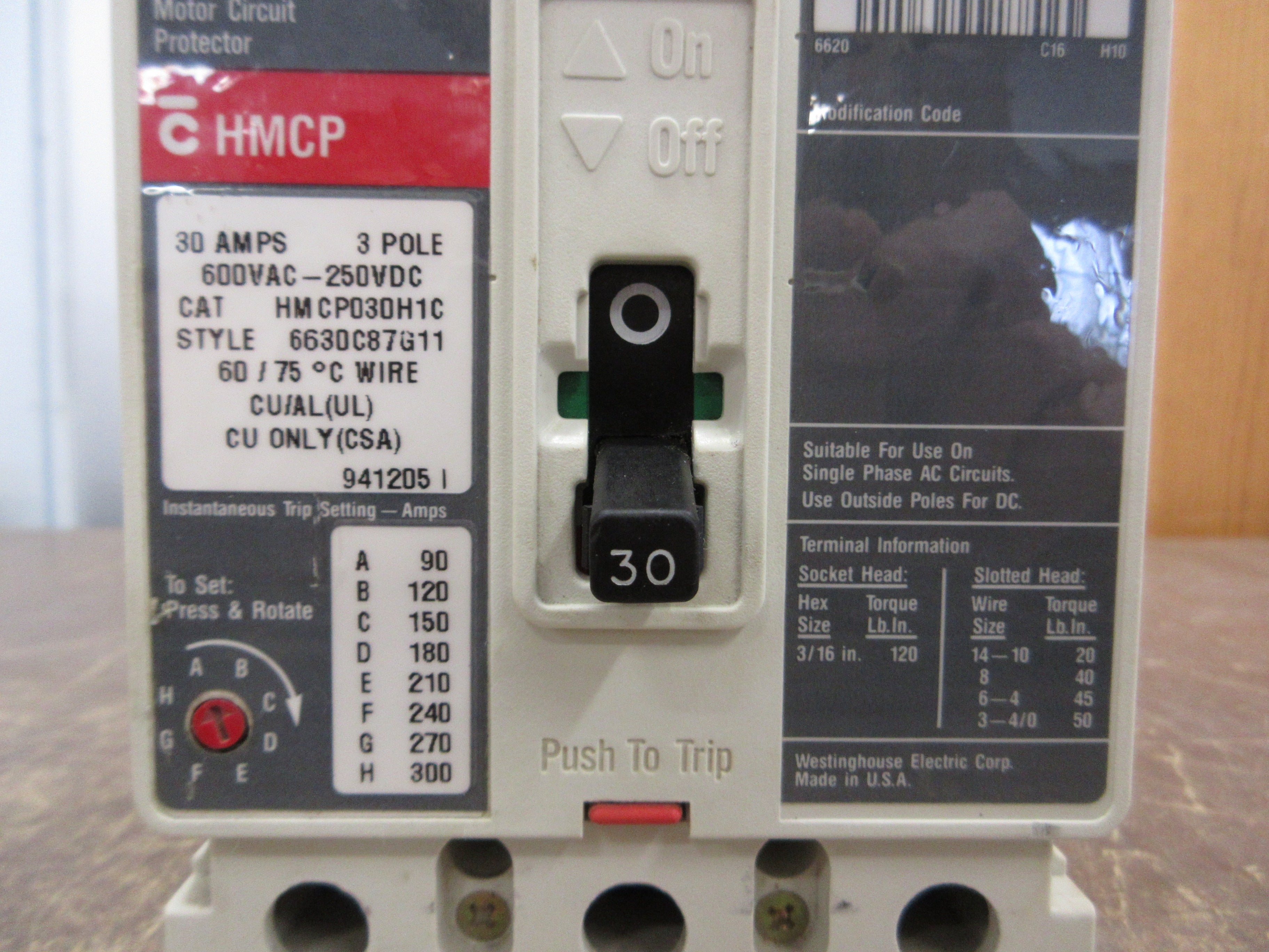 Westinghouse Circuit Breaker HMCP030H1C 30A 600V 3P Used