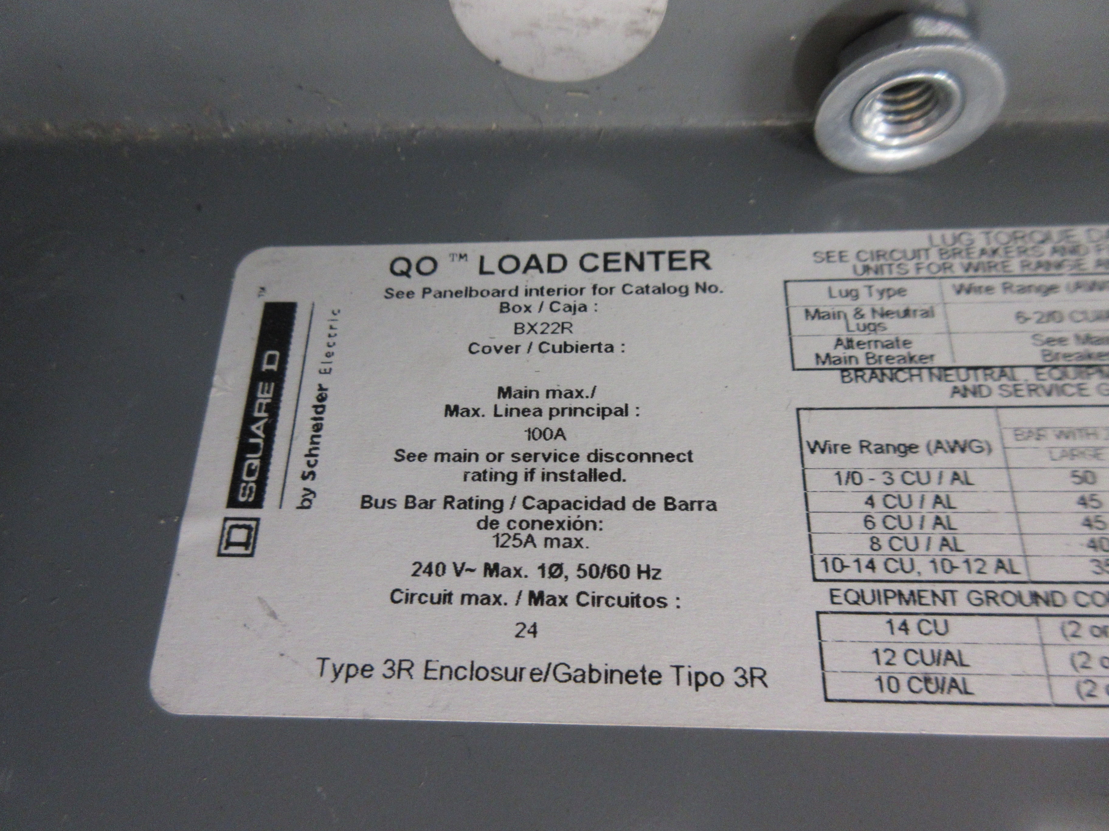 Square D 3R Load Center BX22R 100A Max 120/240V 20-Slot *No Cover Screws* Used