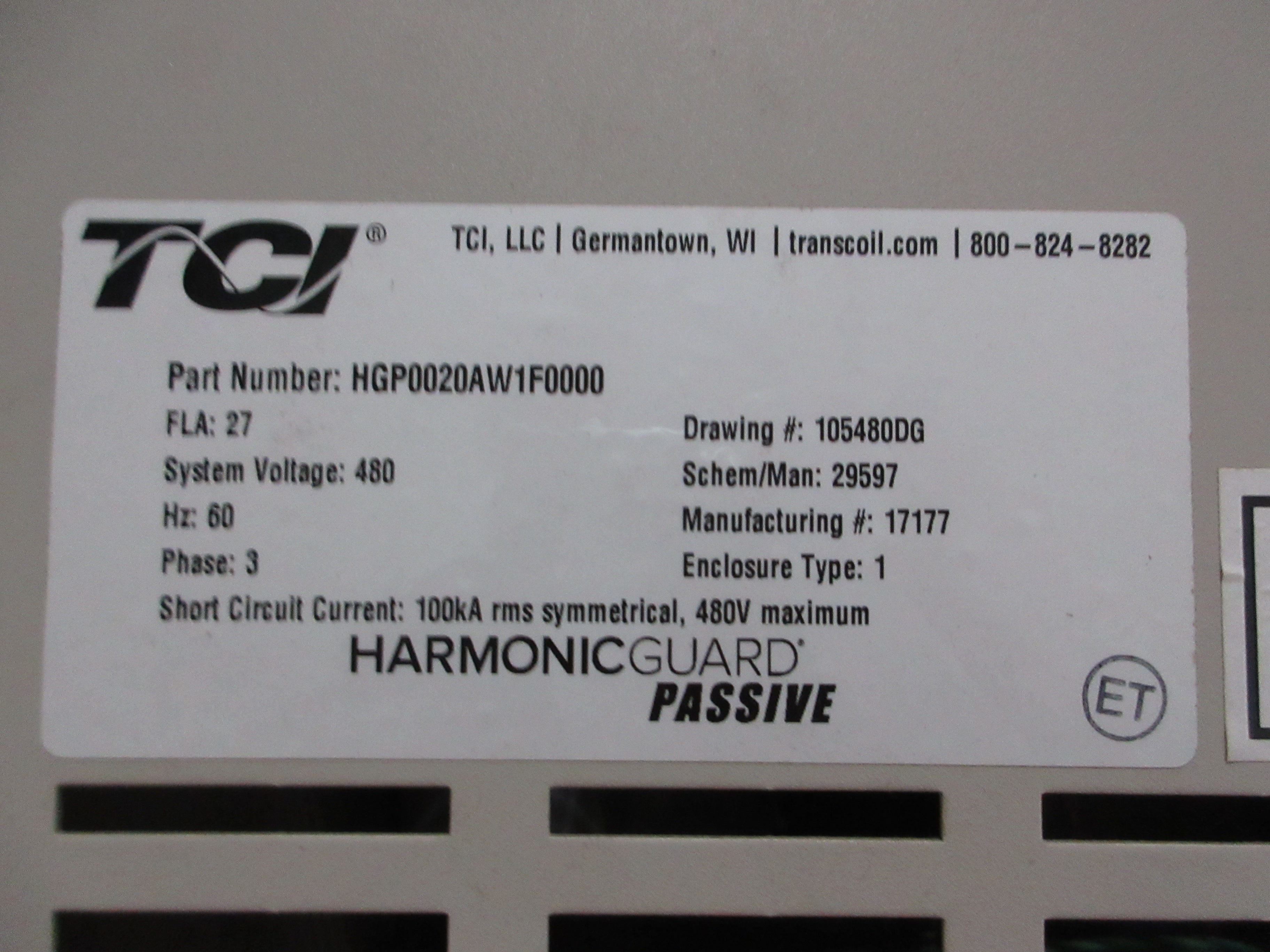 TCI HarmonicGuard Passive Harmonic Filter HGP0020AW1F0000 27A 480V 60Hz 3Ph Used