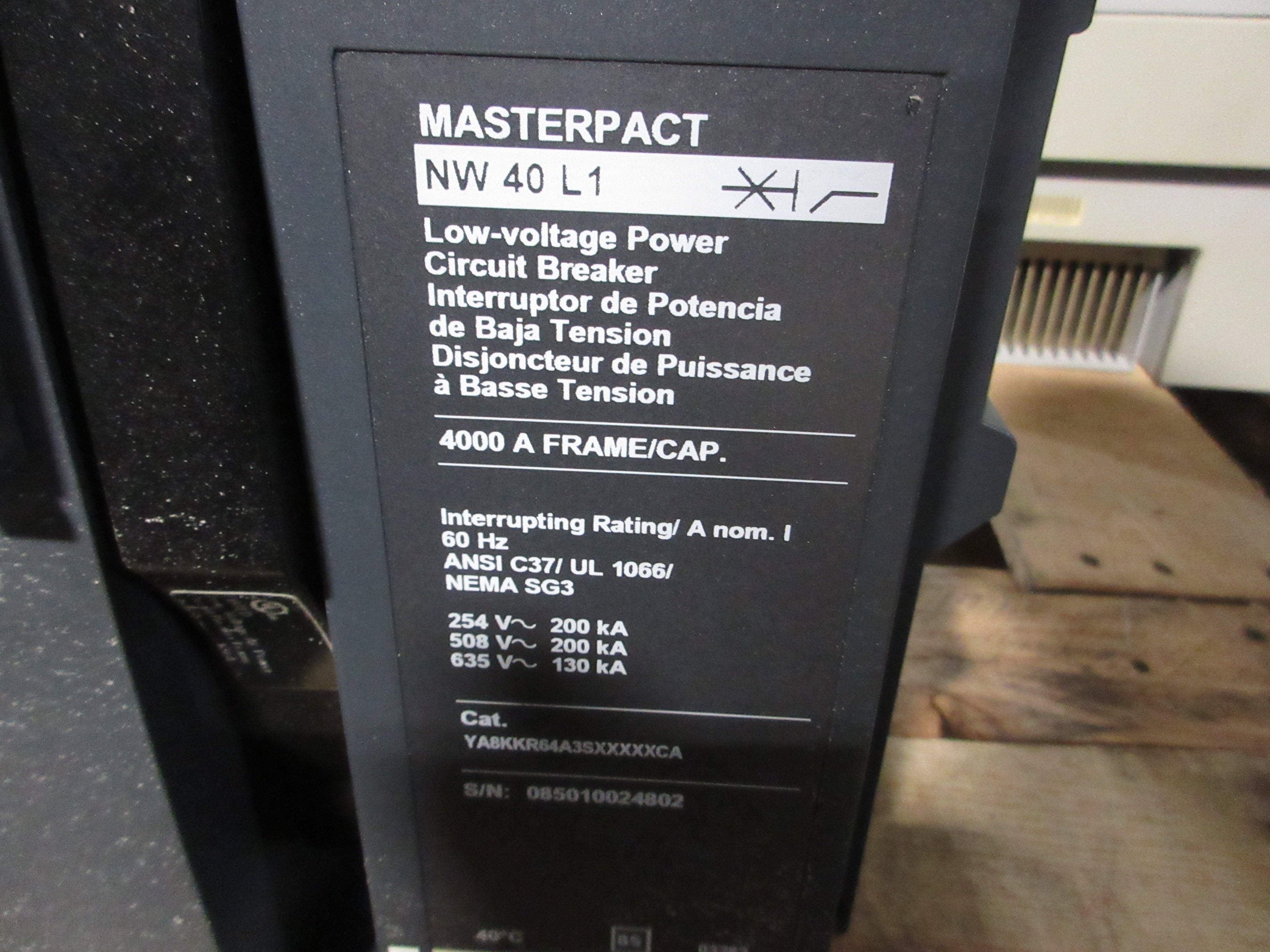 Square D Masterpact NW 40 L1 Circuit Breaker YA8KKR64A3SXXXXXCA 4000A Used