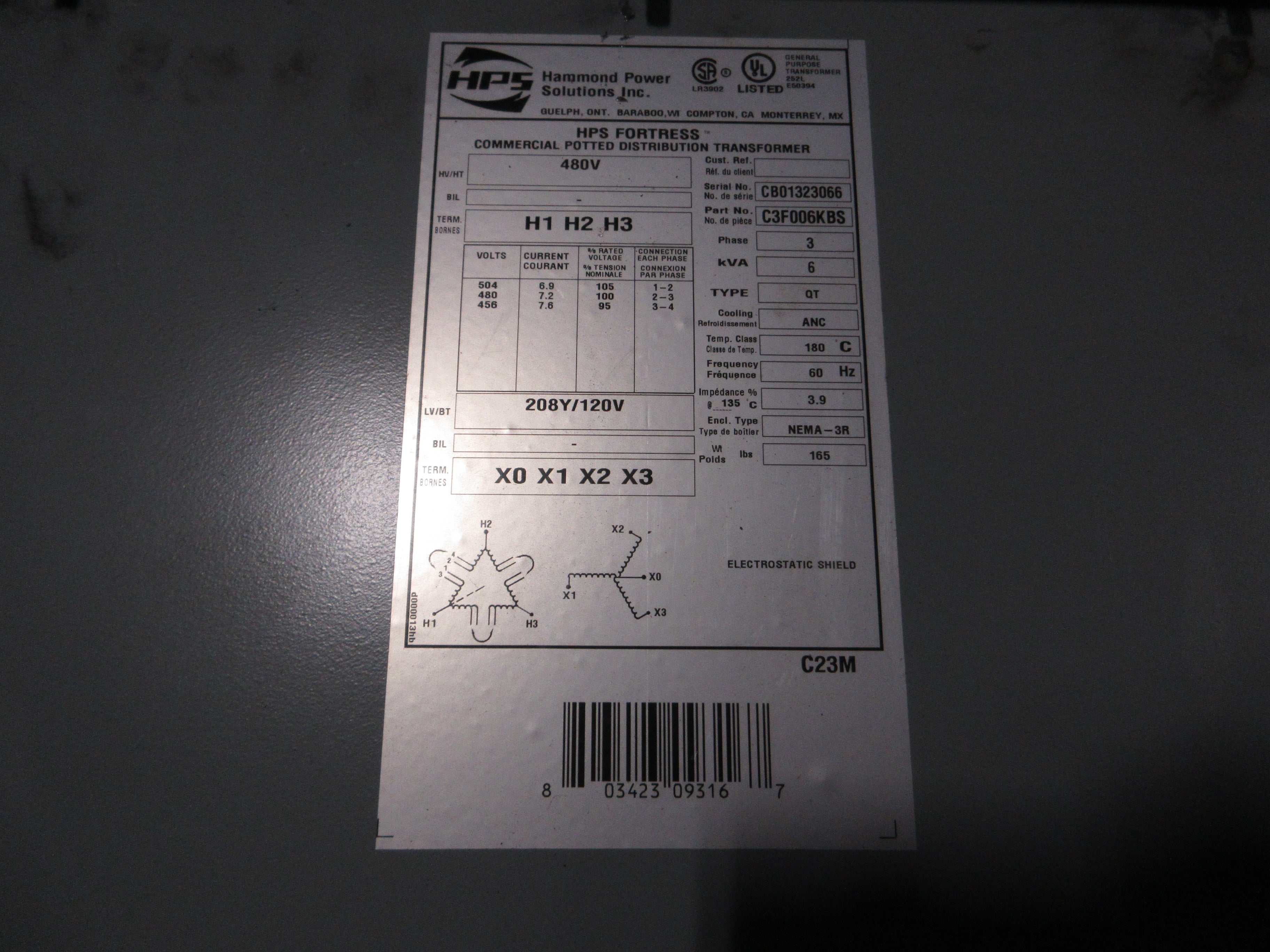 HPS Fortress Transformer C3F006KBS 6kVA Pri: 480V Sec: 208Y/120V 3Ph 60Hz Used