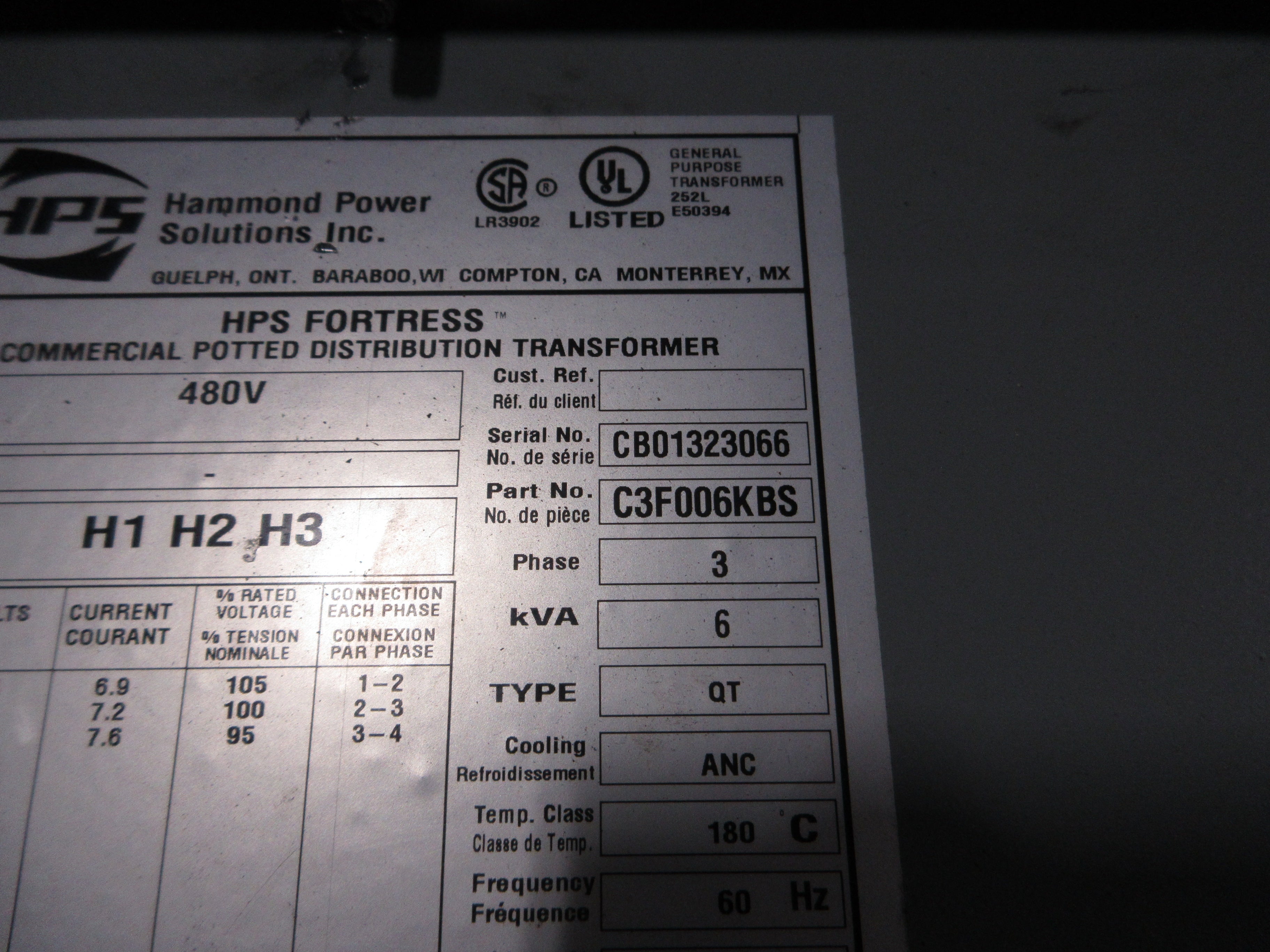 HPS Fortress Transformer C3F006KBS 6kVA Pri: 480V Sec: 208Y/120V 3Ph 60Hz Used