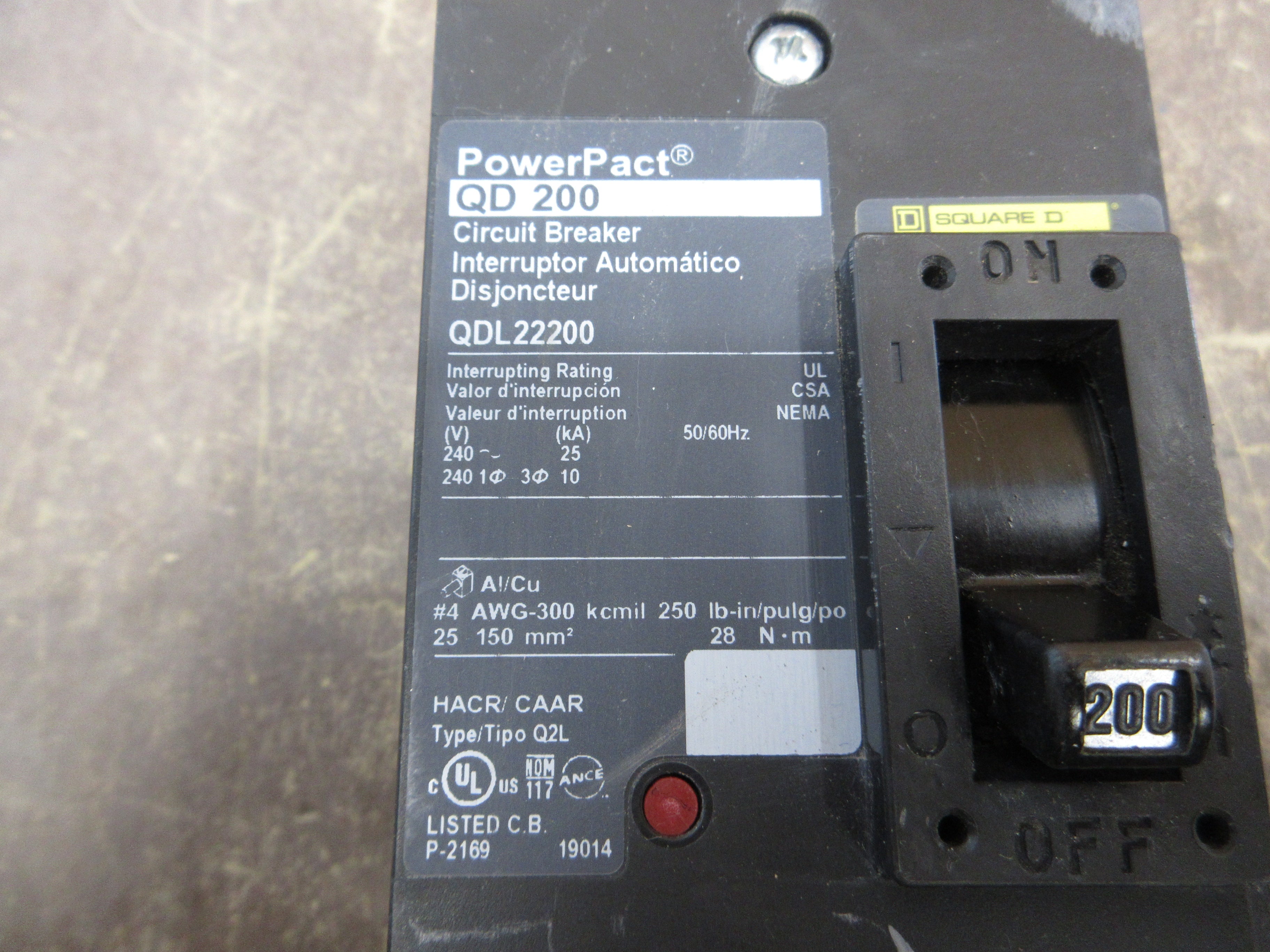 Square D PowerPact QD 200 Circuit Breaker QDL22200 200A 240V 2P Used