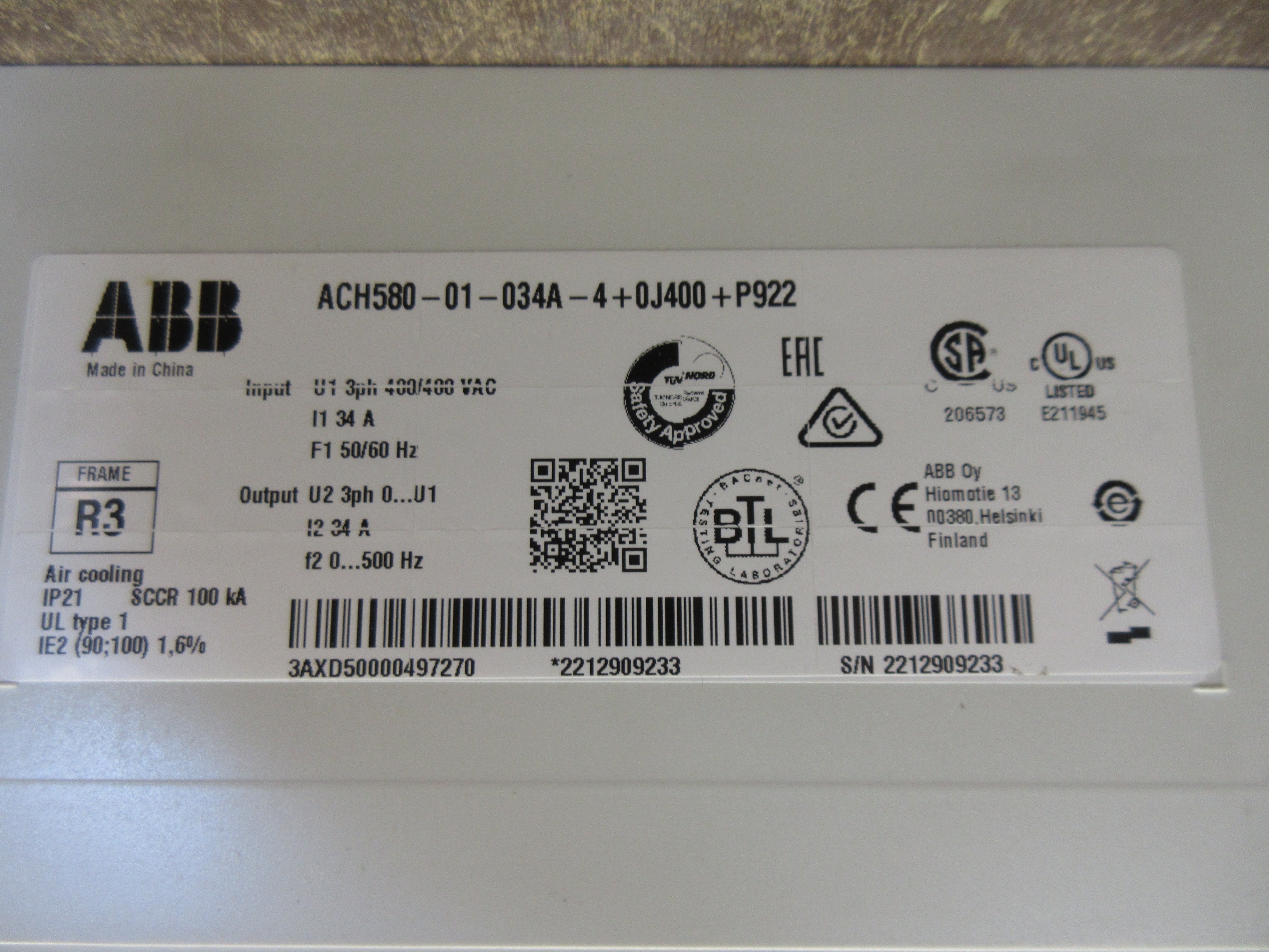 ABB ACH580 AC Drive ACH580-01-034A-4+0J400+P922 25HP 3Ph w/ Keypad Used