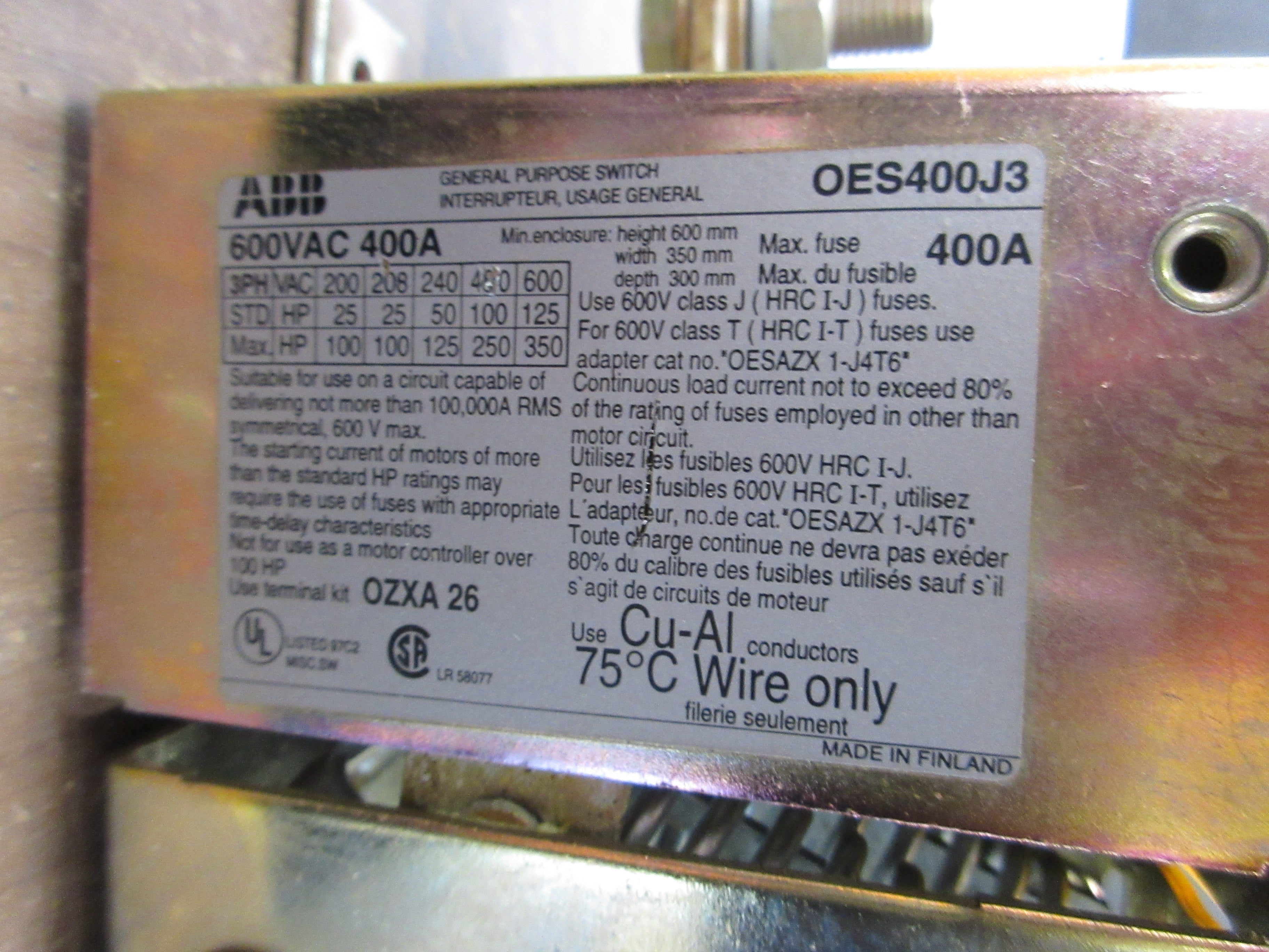 ABB Fusible Disconnect Switch OES400J3 400A 600V 3P (3) 350A Fuses *No Handle*
