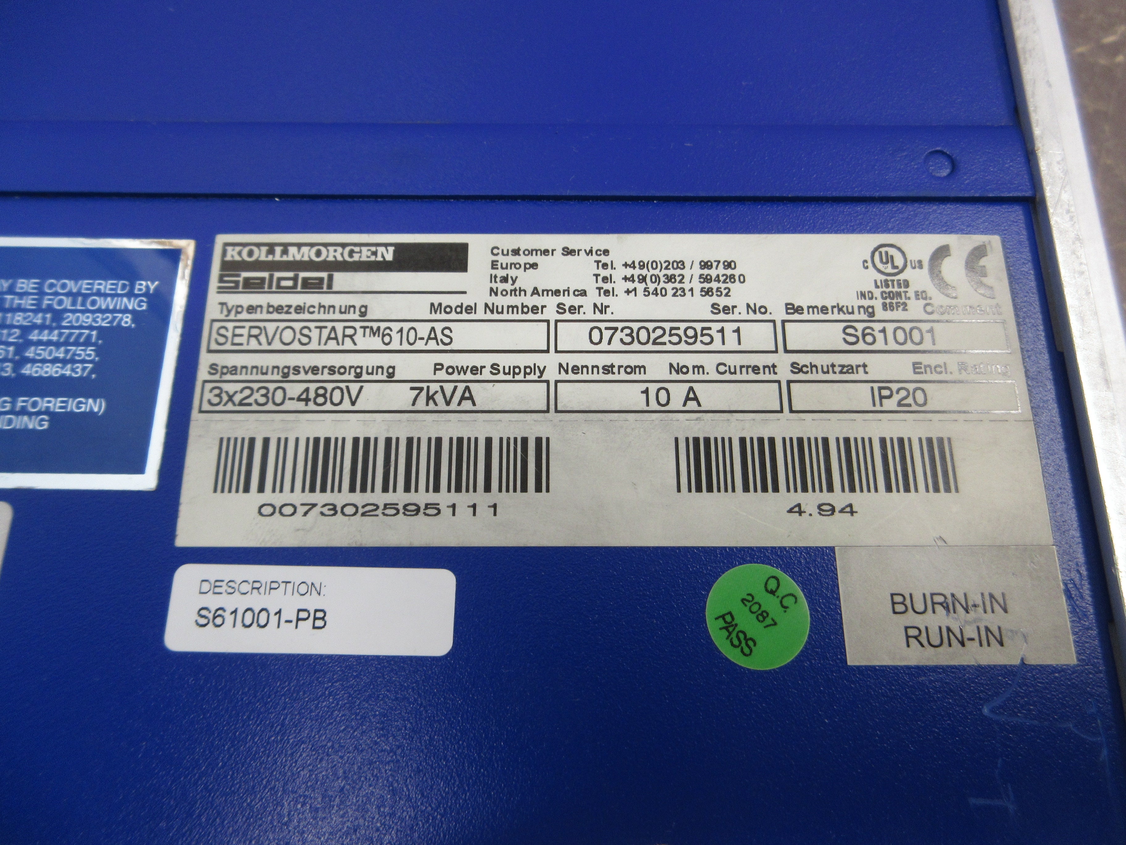 Kollmorgen Servostar 610-AS Servo Drive S61001-PB 7kVA 3Ph 230-480V 10A Used