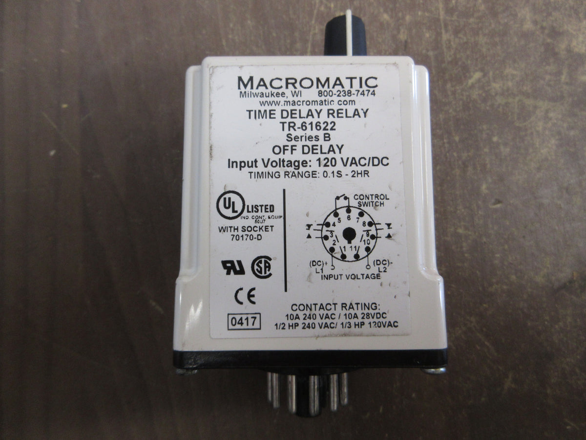 Macromatic Time Delay Relay TR-61622 Ser. B 120V Range: 0.1s-2Hr Off-Delay Used