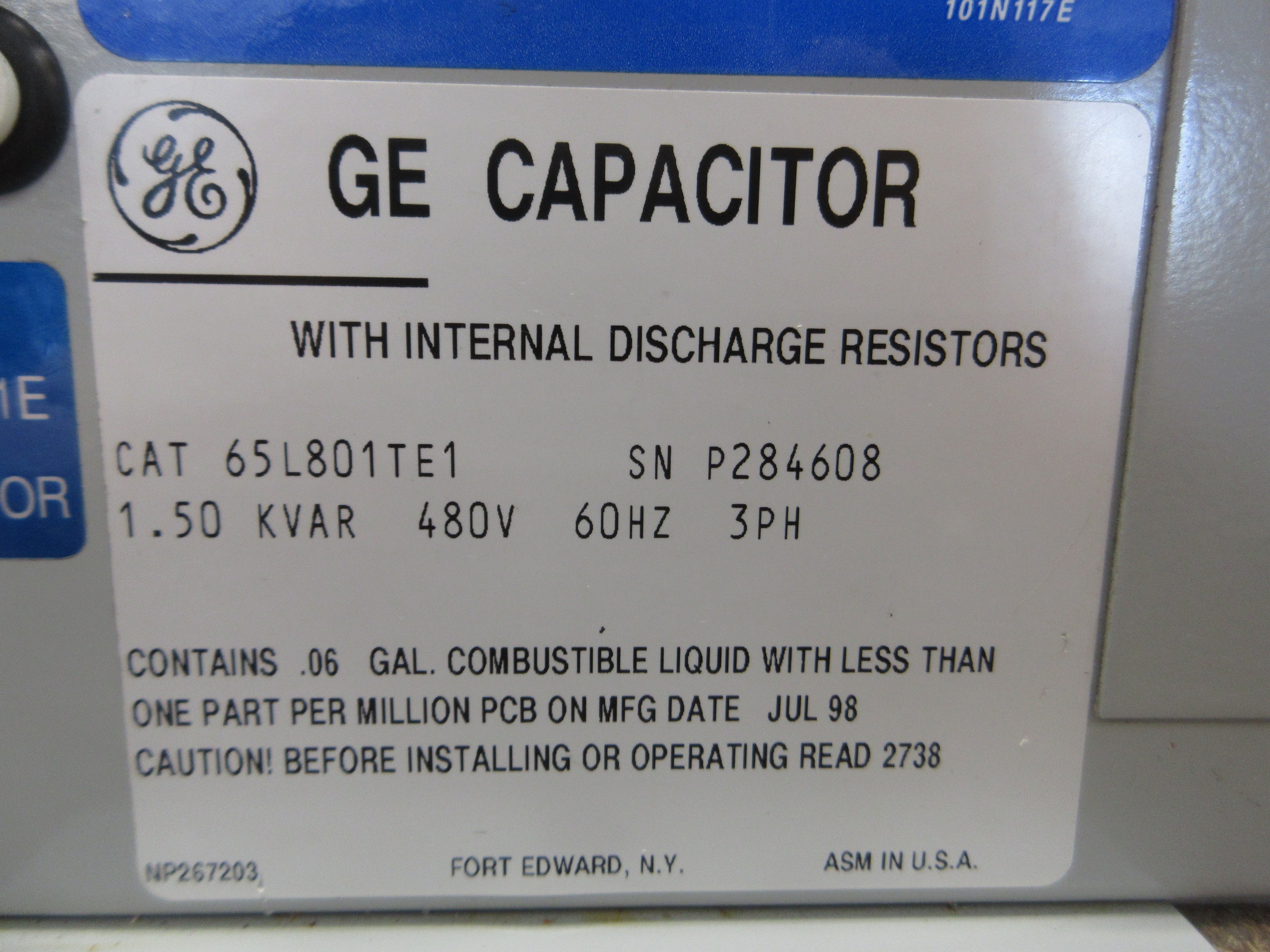 GE Capacitor 65L801TE1 1.5kVAR 480V 60Hz 3Ph Used