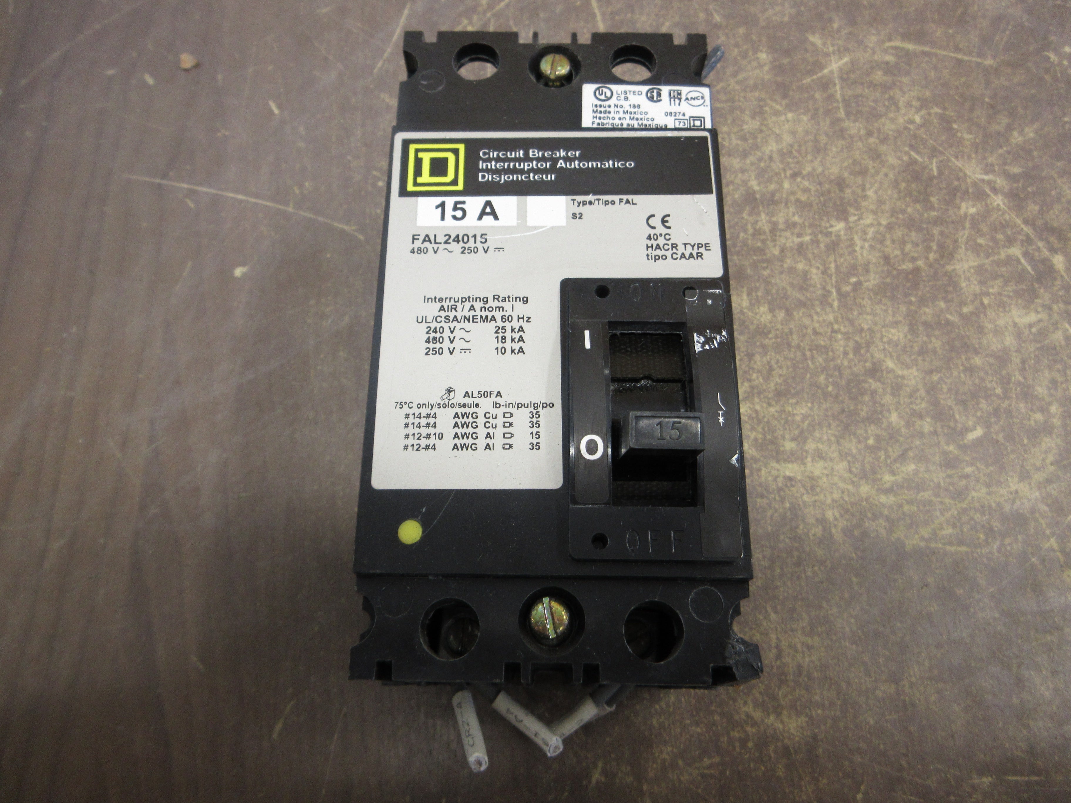 Square D Circuit Breaker FAL24015 15A 480V 2P Used