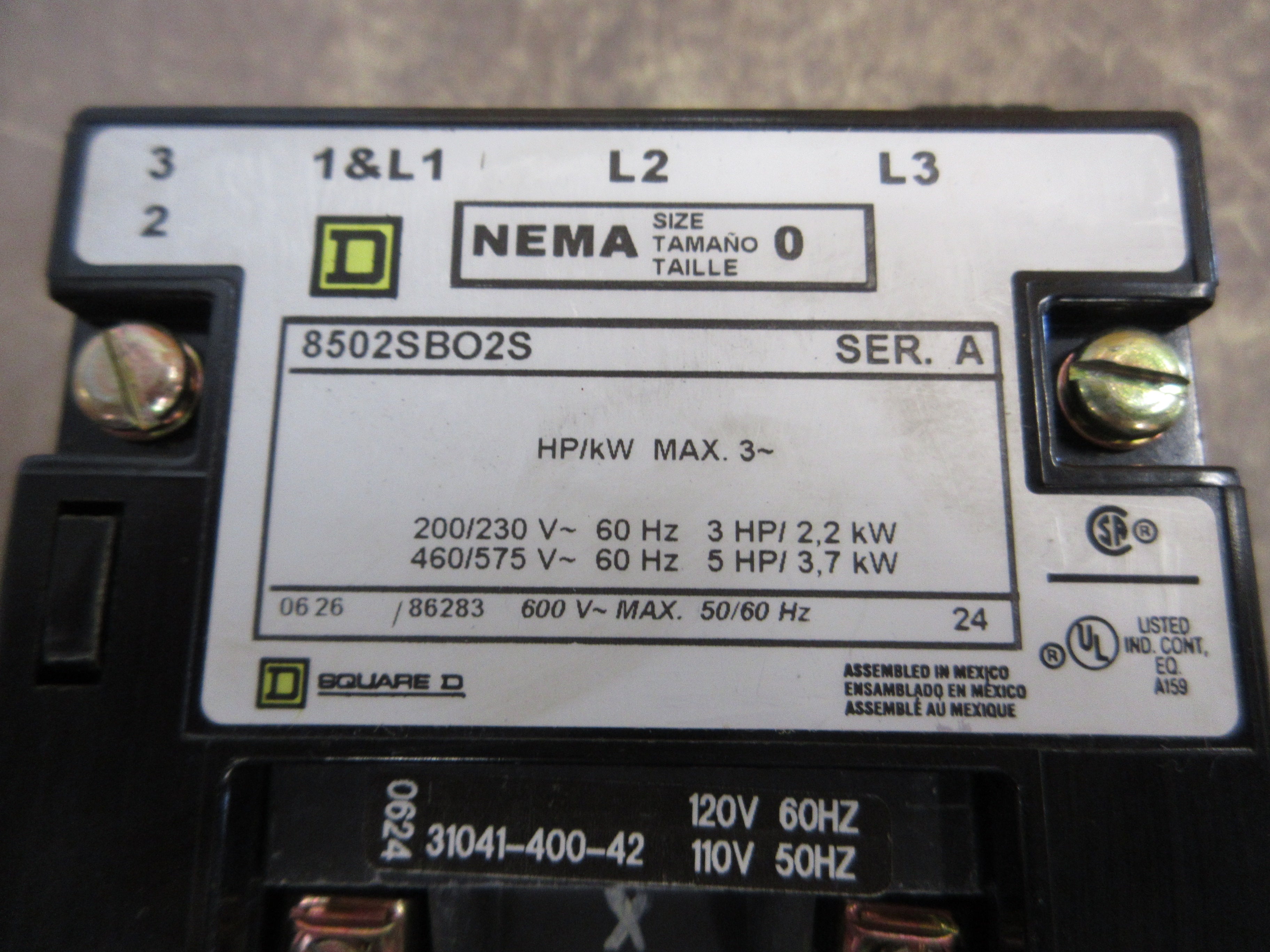 Square D Size 0 Contactor 8502SBO2S Ser. A 120V Coil Used
