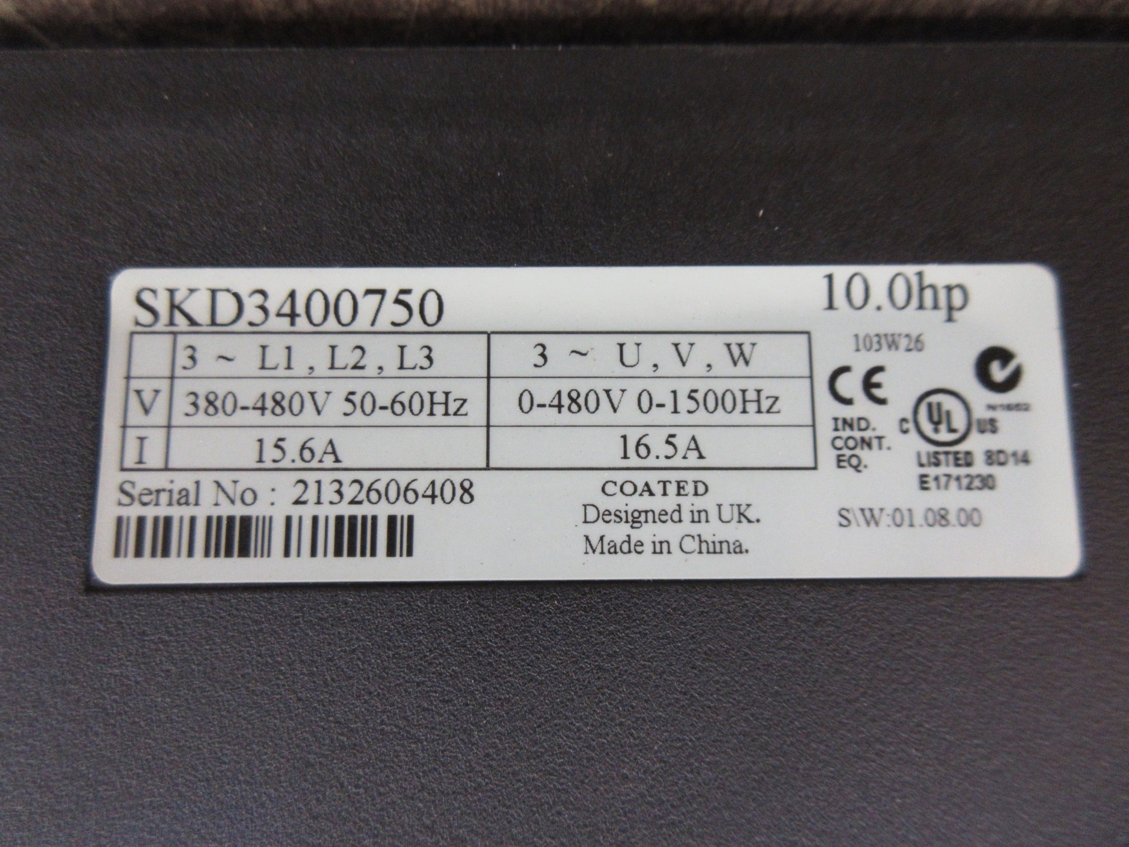 Emerson Control Techniques Commander SK AC Drive SKD3400750 10HP 3Ph Used