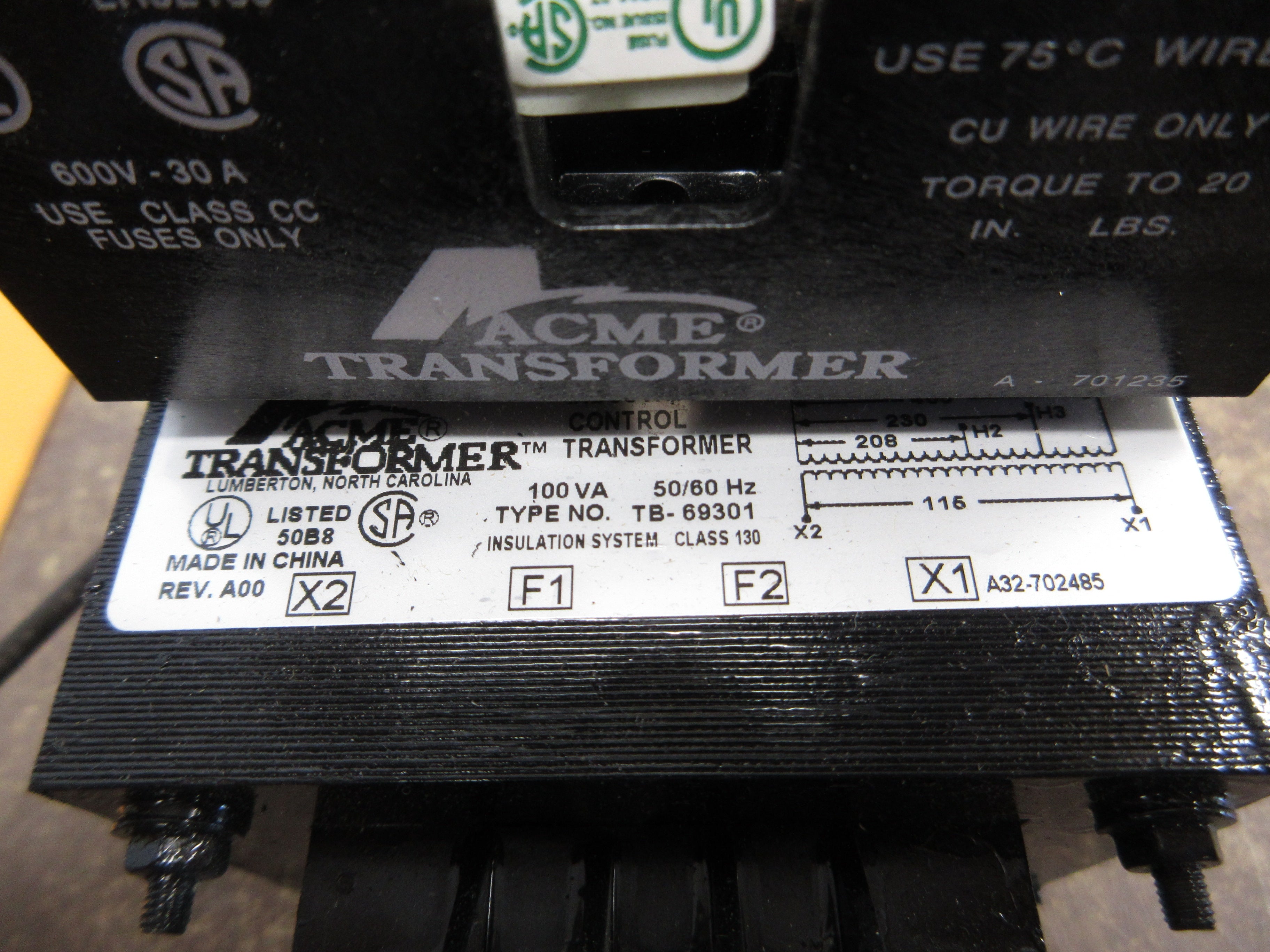 Acme Transformer Control Transformer TB-69301 100VA Sec: 115V 50/60Hz Used