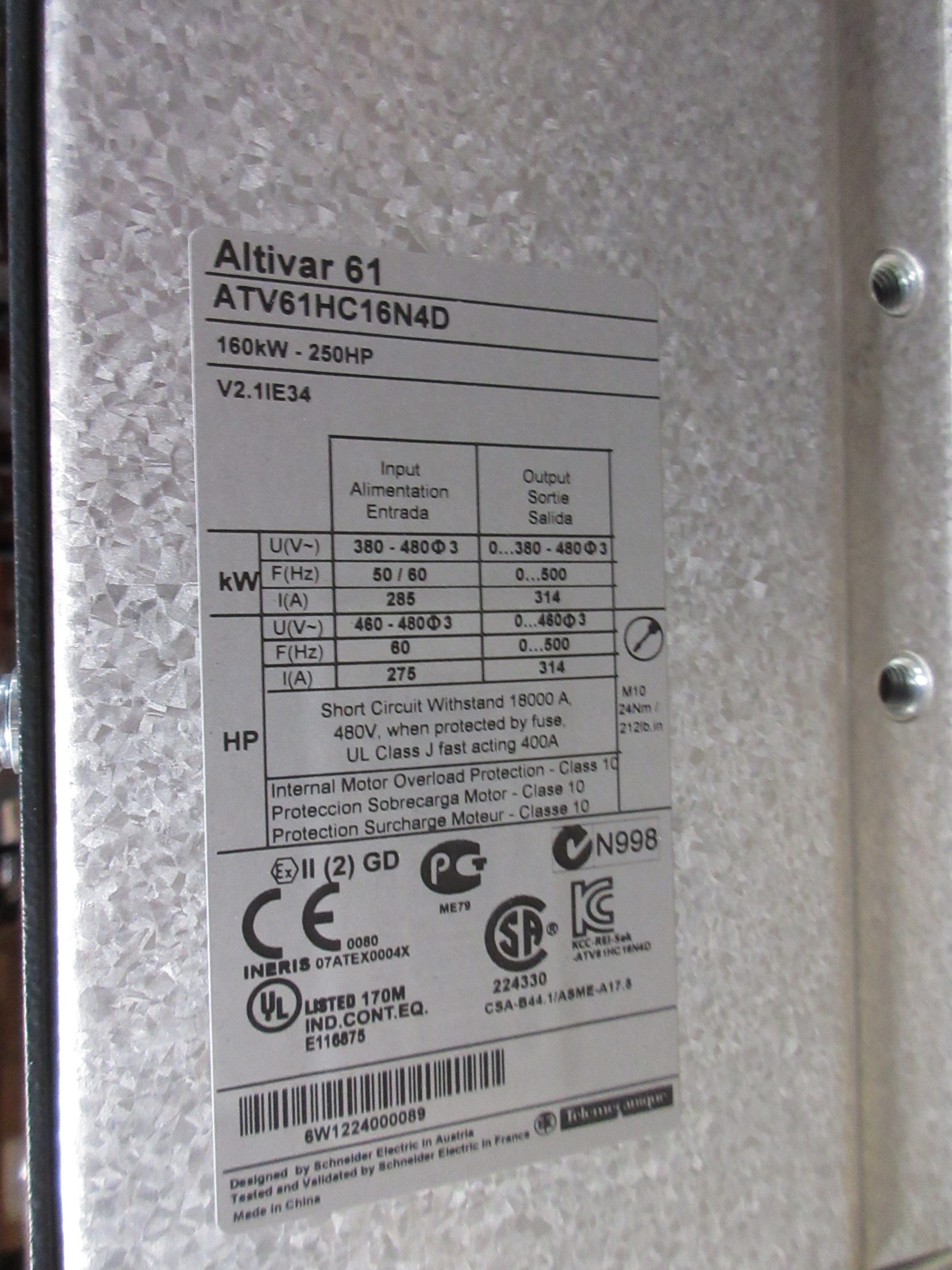 Schneider Electric Altivar 61 AC Drive ATV61HC16N4D 250HP 3Ph Used