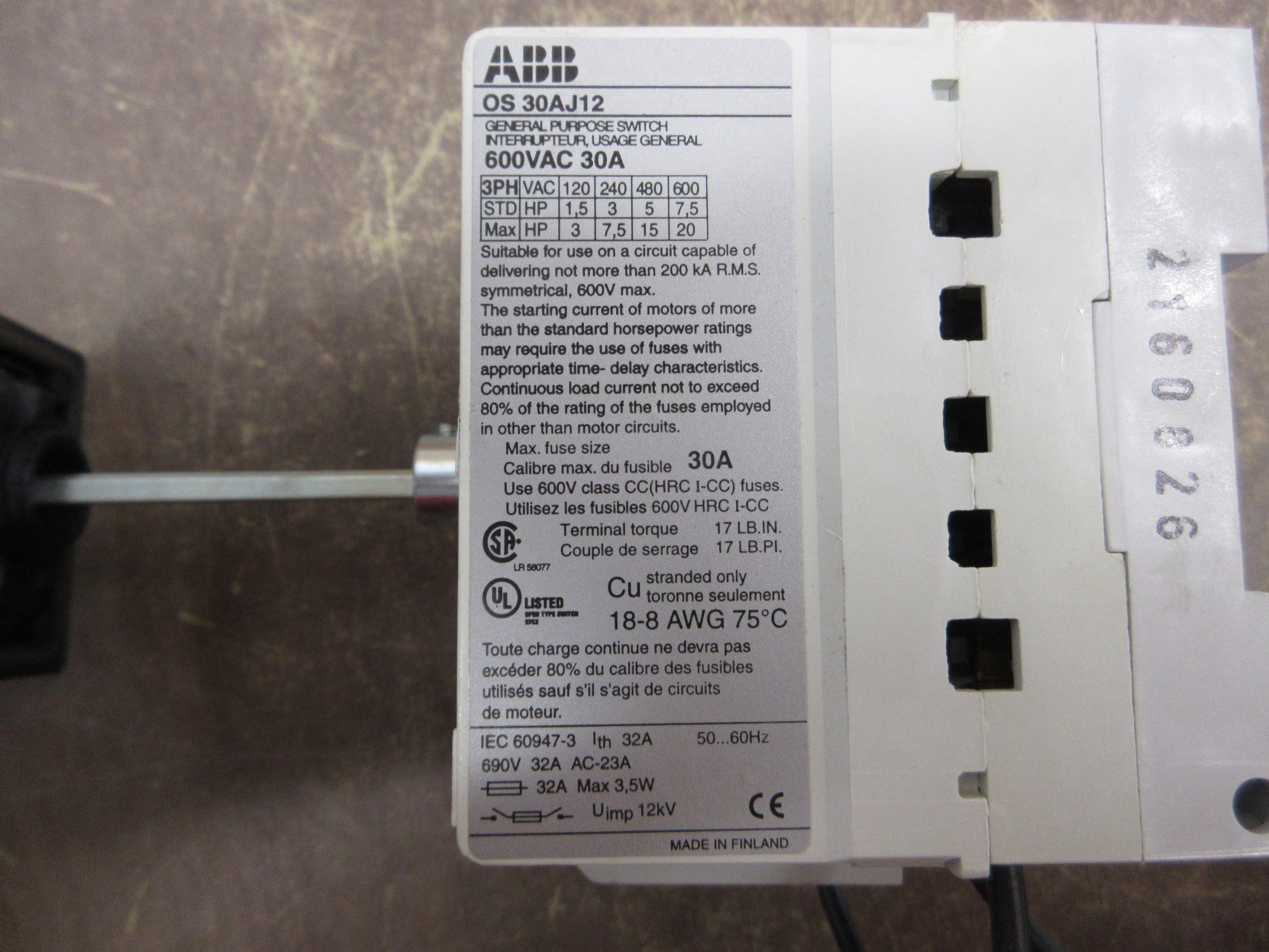 ABB Fusible Disconnect Switch OS 30AJ12 30A 600V 3P *No Fuse Holders* Used