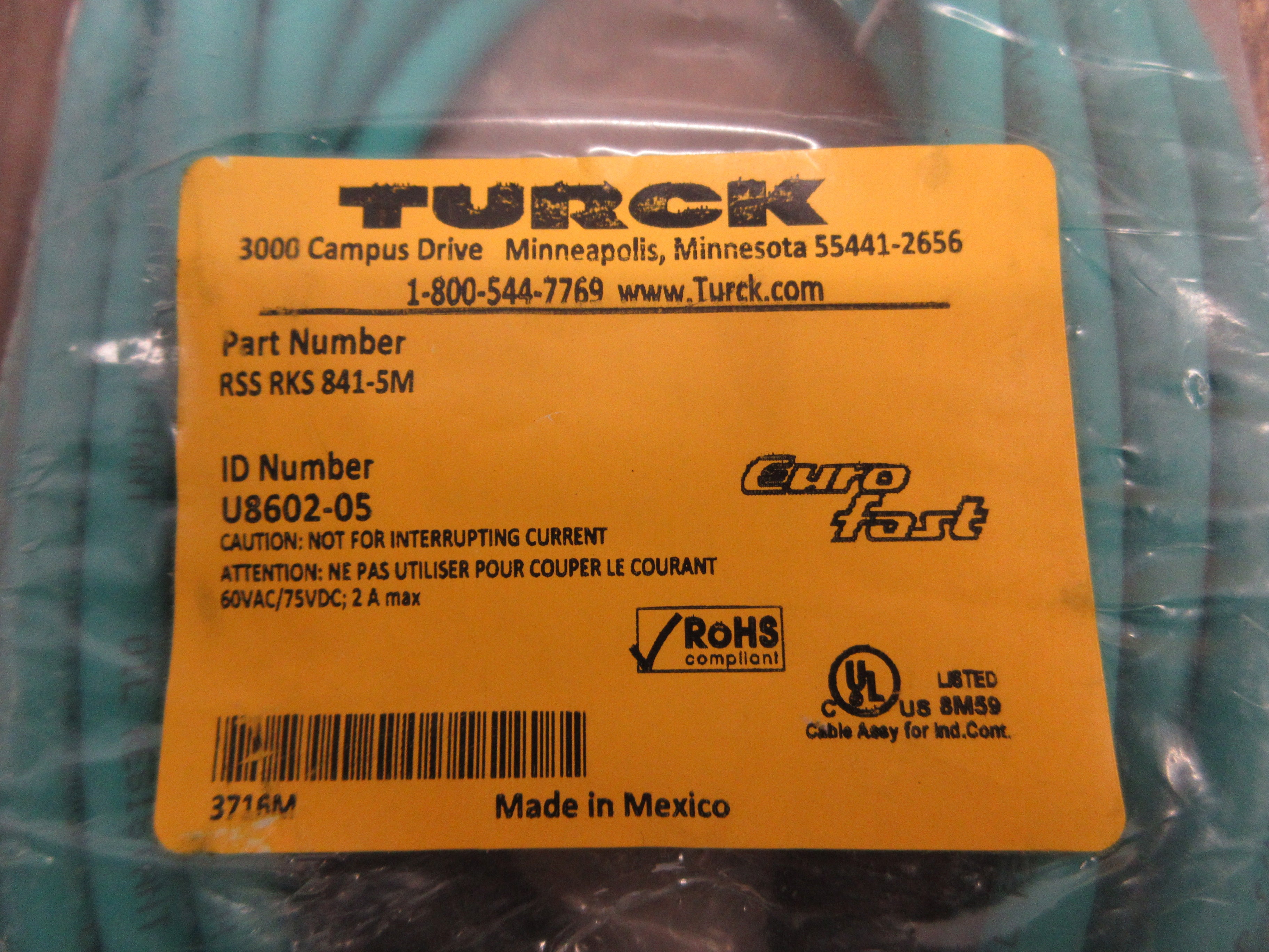 Turck Euro Fast Cordset RSS RKS 841-5M New Surplus