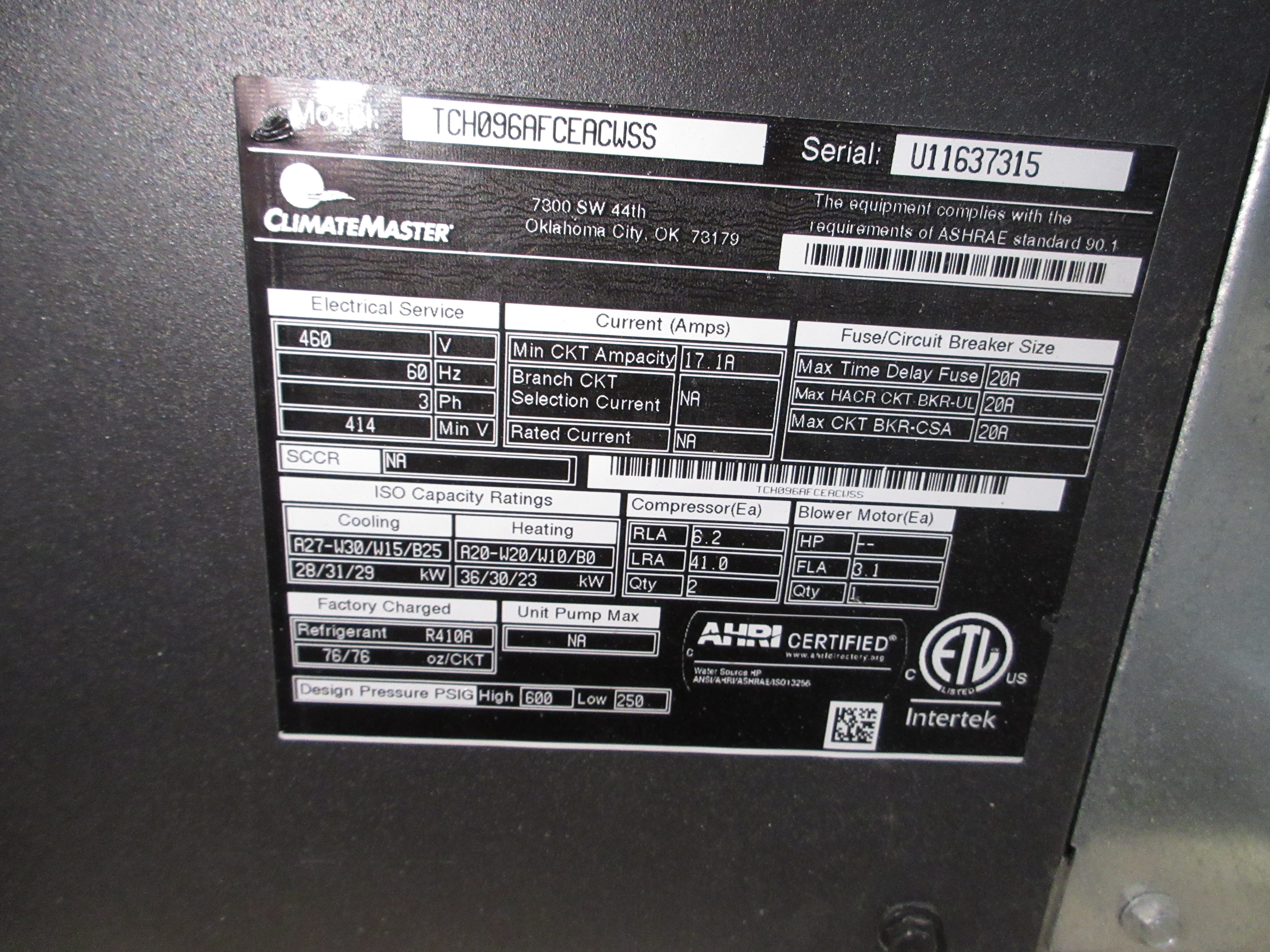 ClimateMaster Tranquility Water-Source Heat Pump TCH096AFCEACWSS 460V 60Hz 3Ph Used