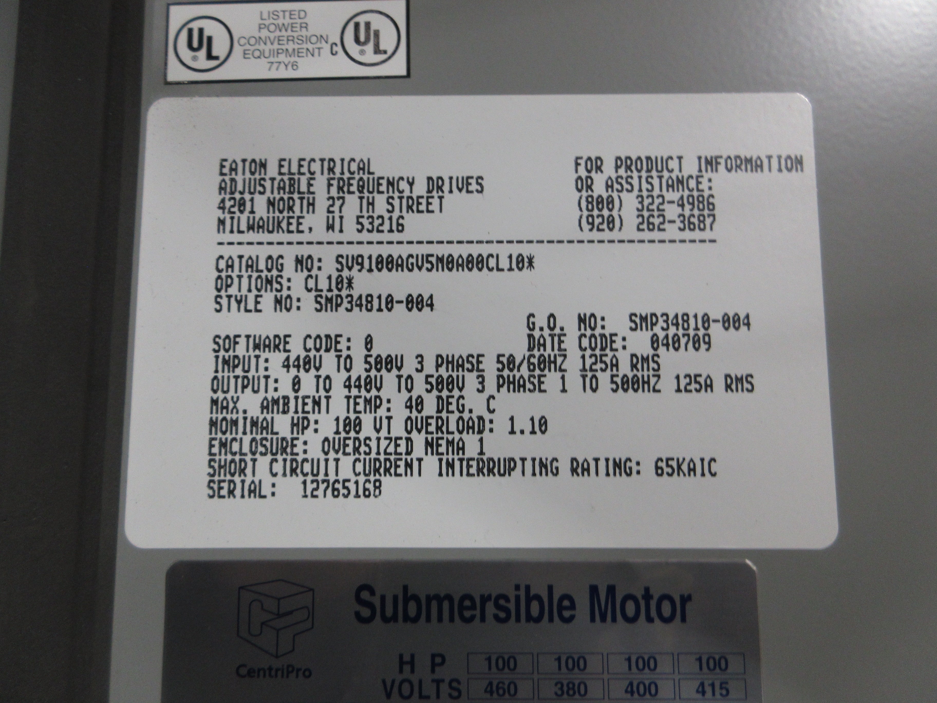 Eaton SV9000 AC Drive SV9100AGV5M0A00CL10 100HP 3Ph w/ Keypad Used