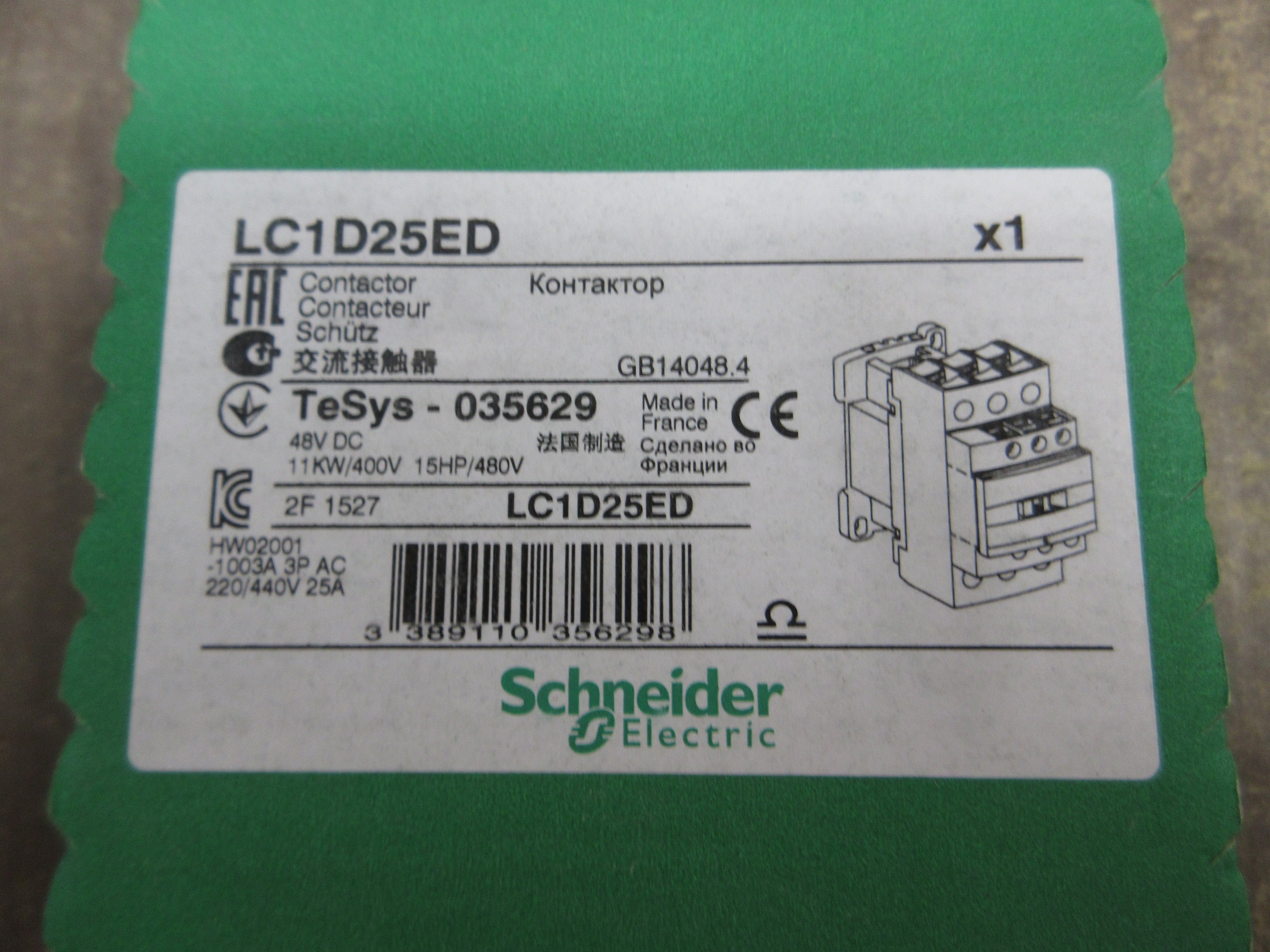 Schneider Electric Contactor LC1D25ED 48VDC Coil New Surplus