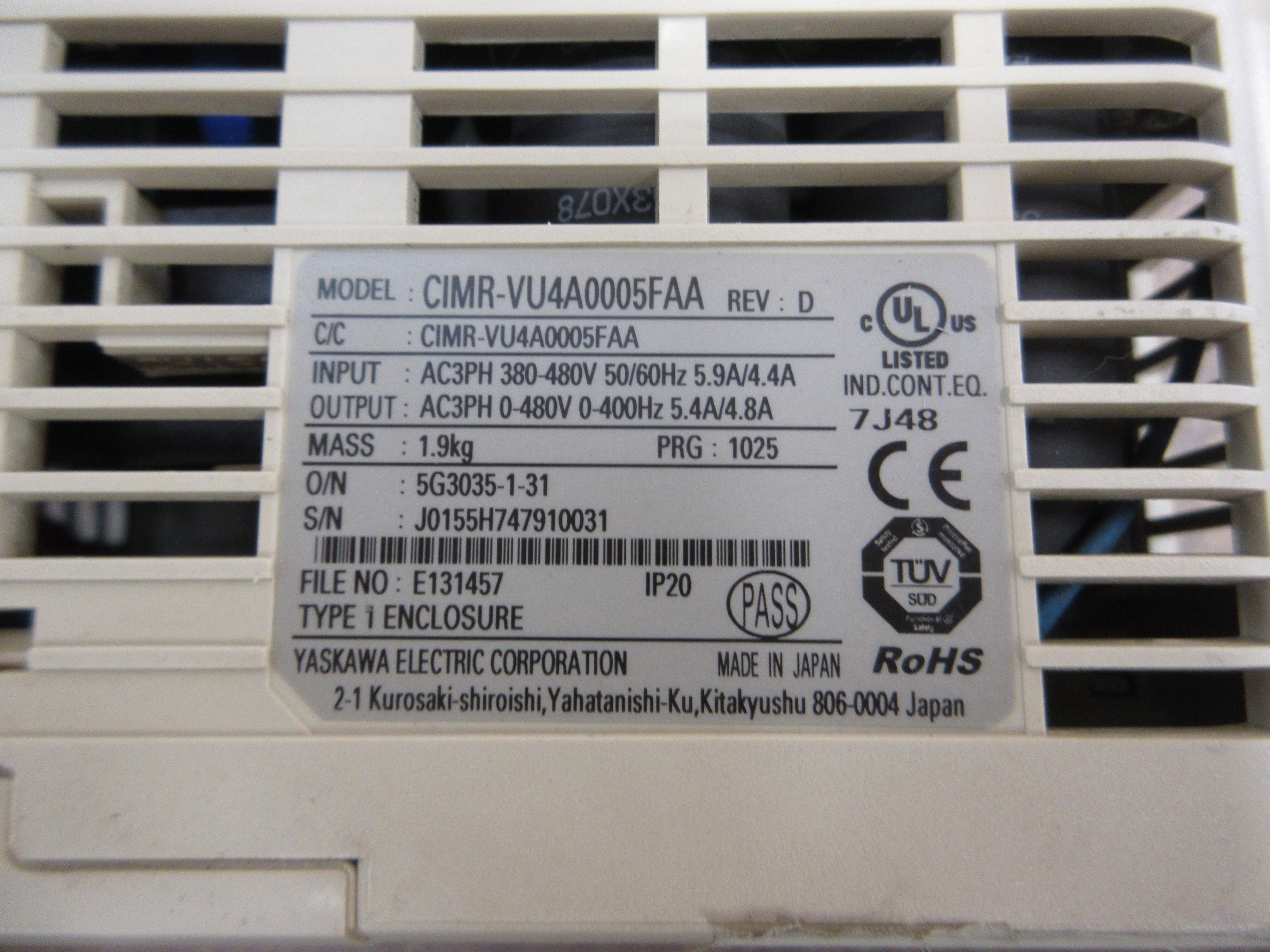 Yaskawa V1000 AC Drive CIMR-VU4A0005FAA Rev. D 3HP 3Ph Used