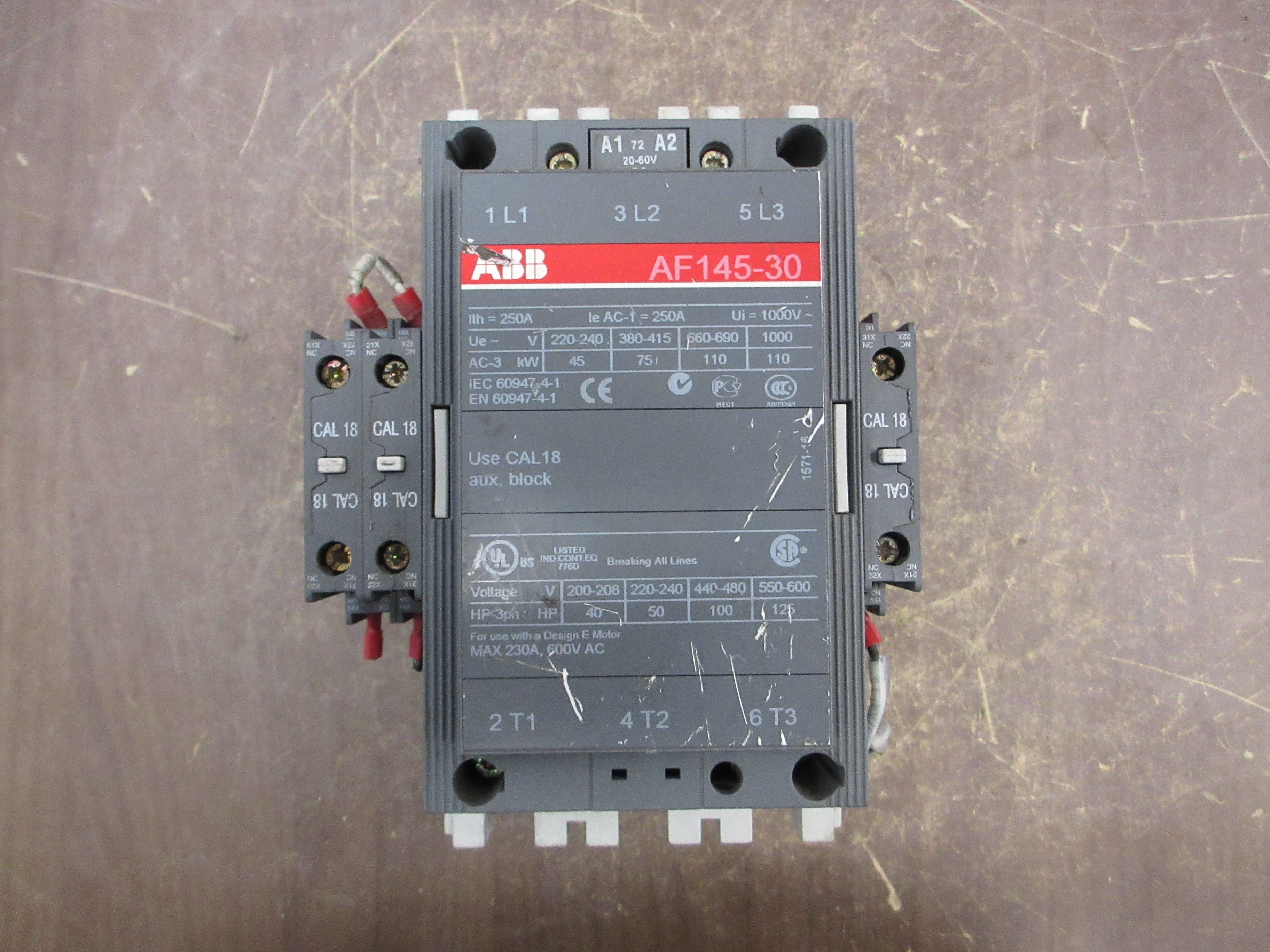 ABB Contactor AF145-30 20-60VDC Coil 230A 600V Used