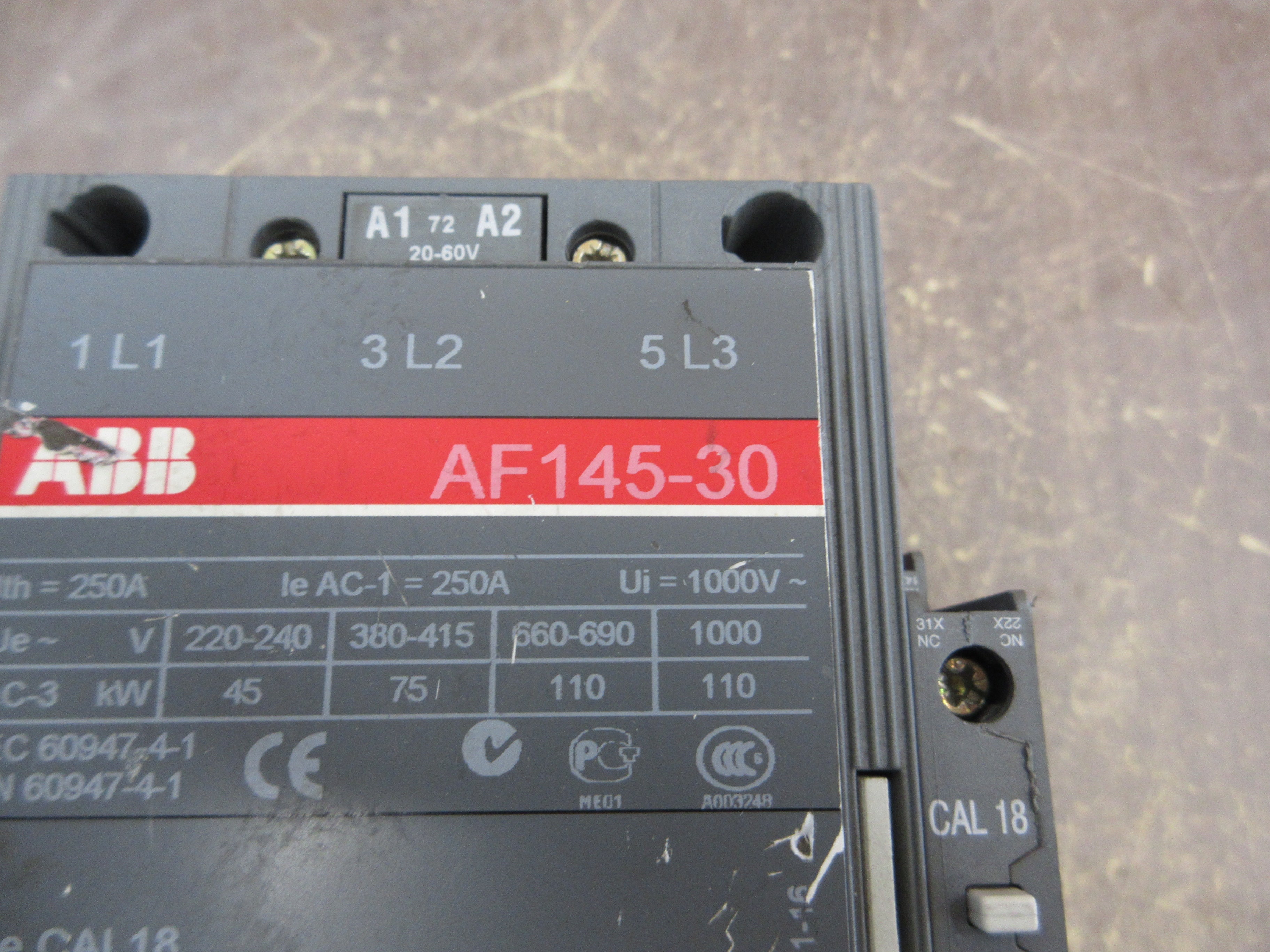 ABB Contactor AF145-30 20-60VDC Coil 230A 600V Used